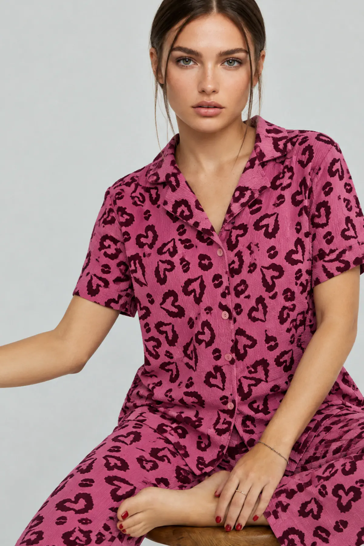 Kadın Kısa Kollu Rahat Mor Pijama Takımı 4734