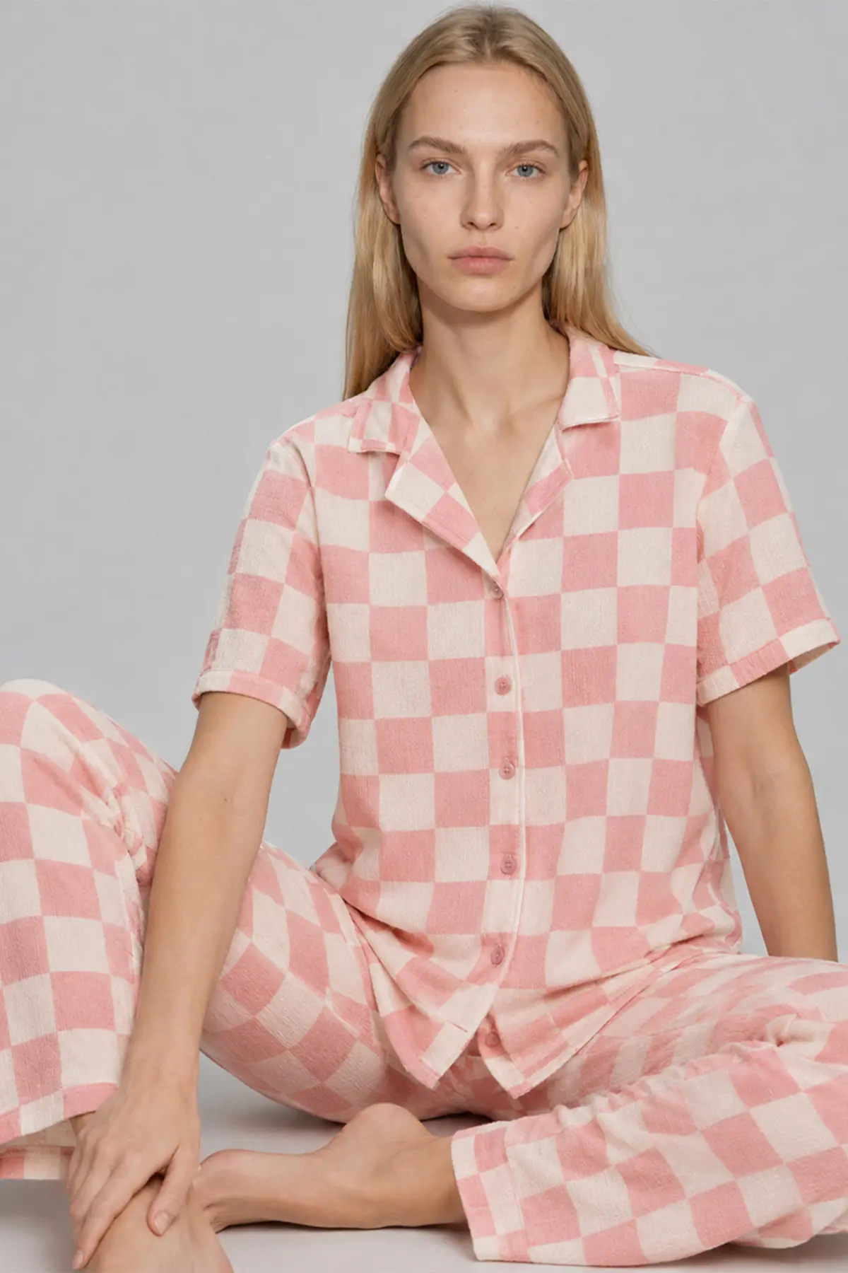 Kadın Kısa Kollu Rahat Pembe Pijama Takımı 4727