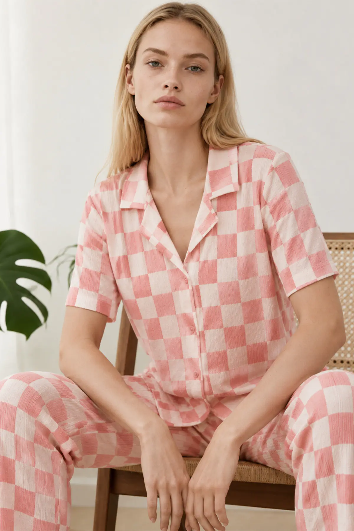 Kadın Kısa Kollu Rahat Pembe Pijama Takımı 4727