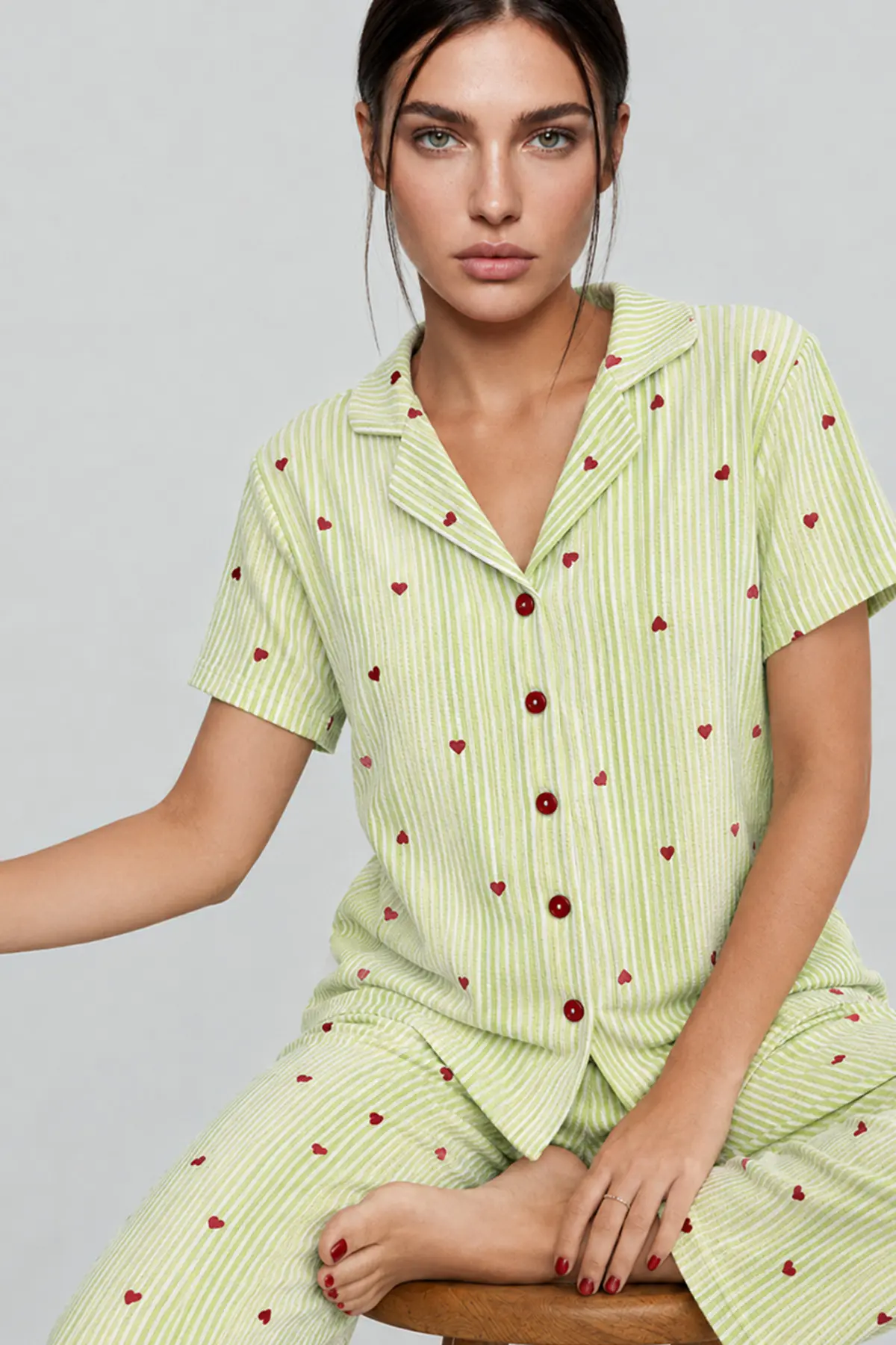 Kadın Kısa Kollu Rahat Yeşil Pijama Takımı 4732