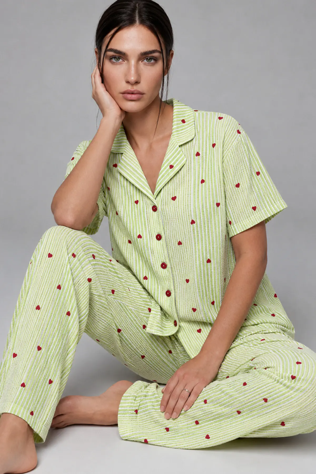 Kadın Kısa Kollu Rahat Yeşil Pijama Takımı 4732