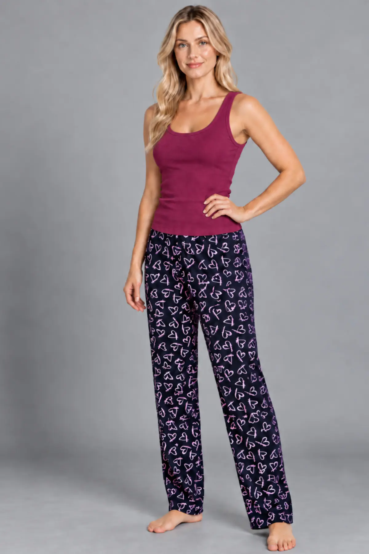 Kadın Çizgili Bluz Desenli Askılı Bordo Pijama Takımı