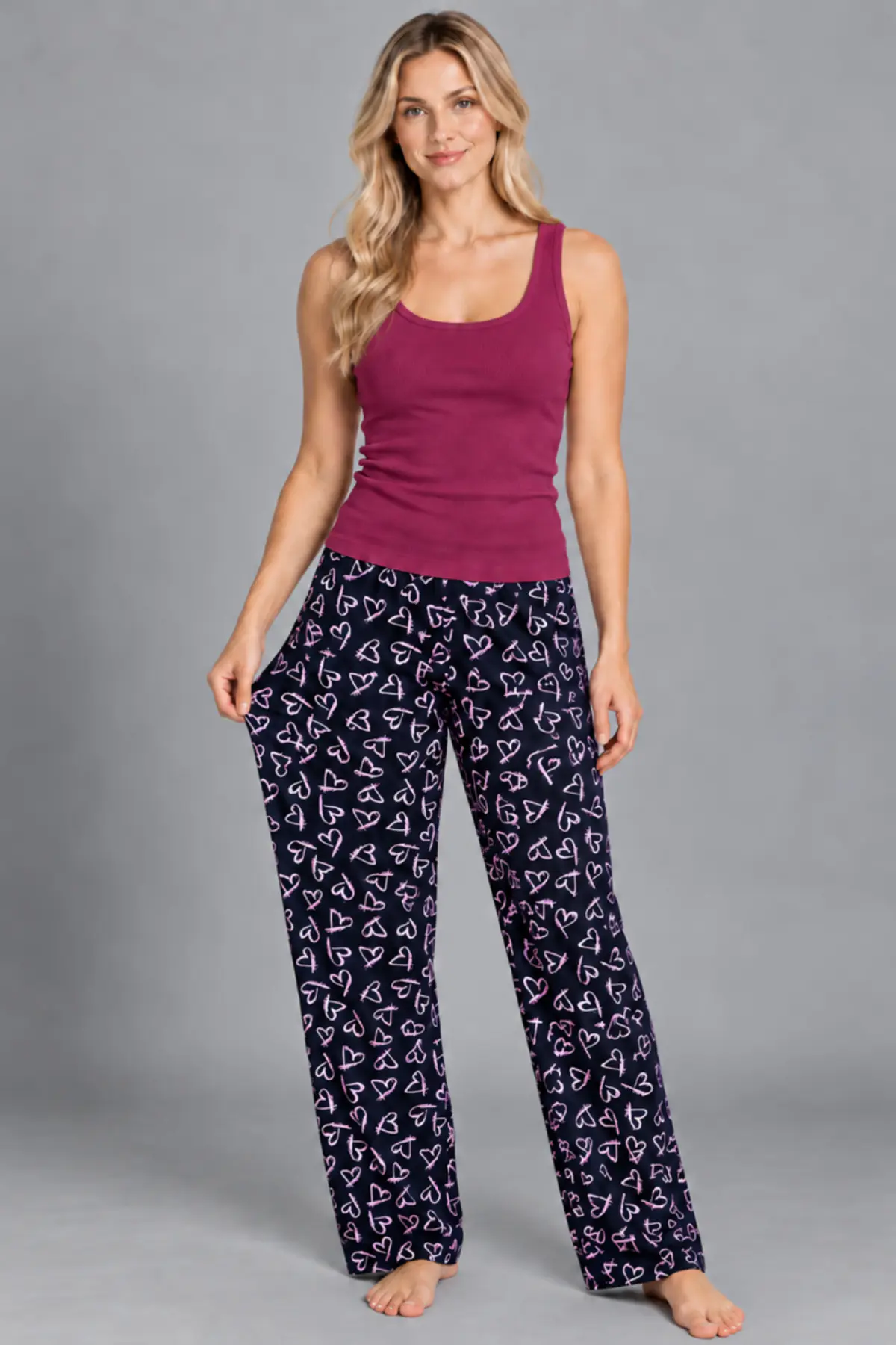 Kadın Çizgili Bluz Desenli Askılı Bordo Pijama Takımı