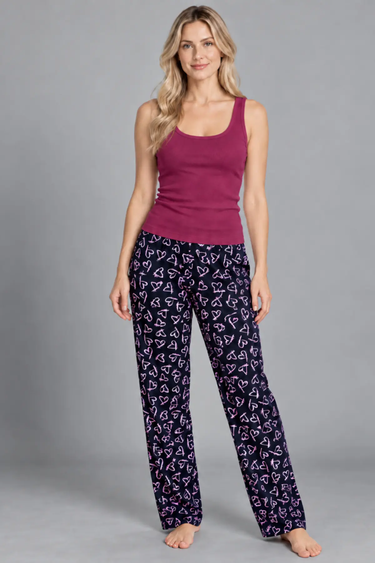 Kadın Çizgili Bluz Desenli Askılı Bordo Pijama Takımı