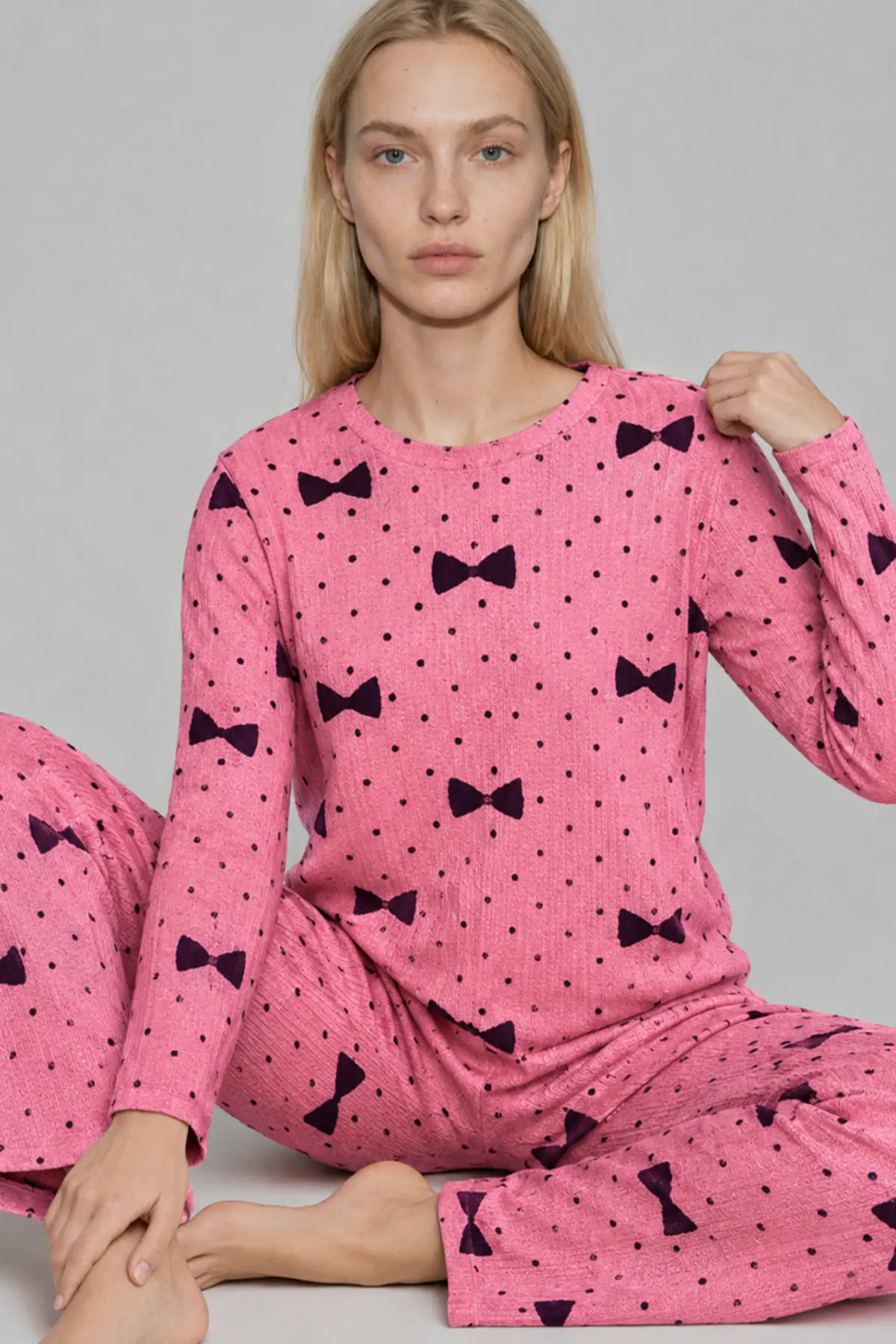 Kadın Desenli Nefes Alan Pembe Pijama Takımı 4694