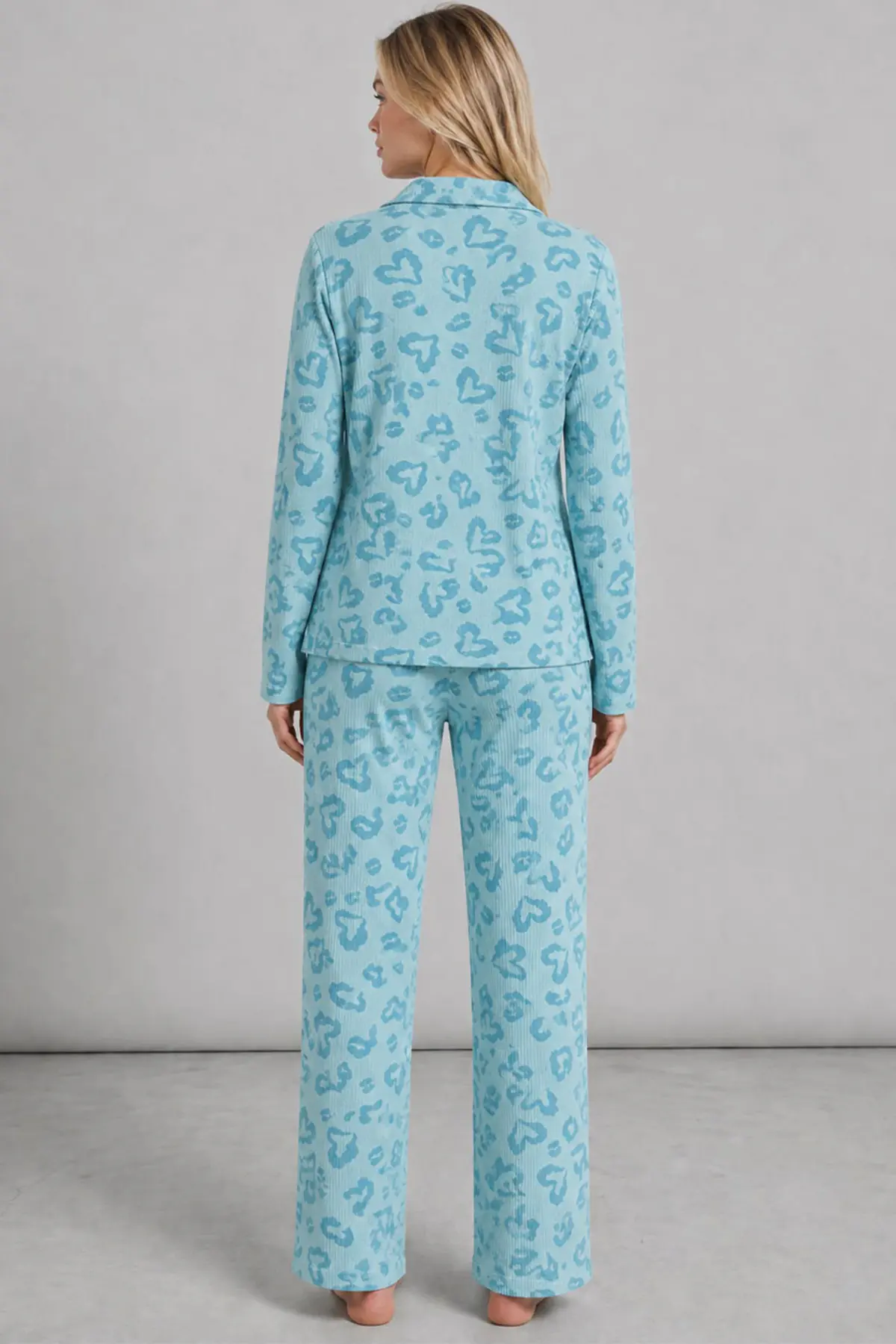 Kadın Desenli Uzun Kollu Mint Yeşili Pijama Takımı 4760