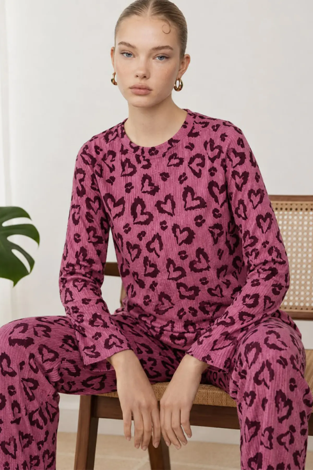 Kadın Çizgili Regular Fit Lila Pijama Takımı 4764