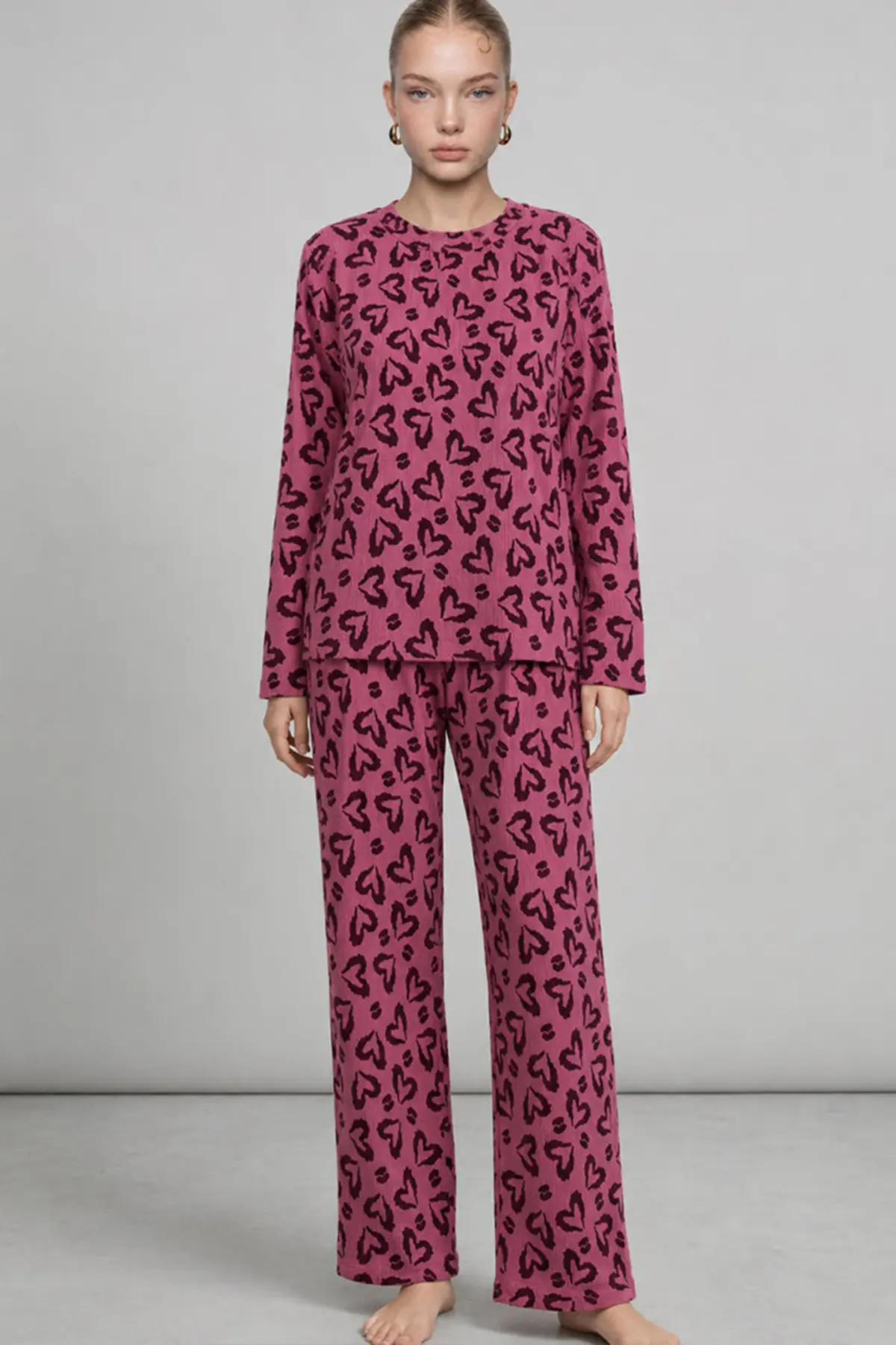 Kadın Çizgili Regular Fit Lila Pijama Takımı 4764