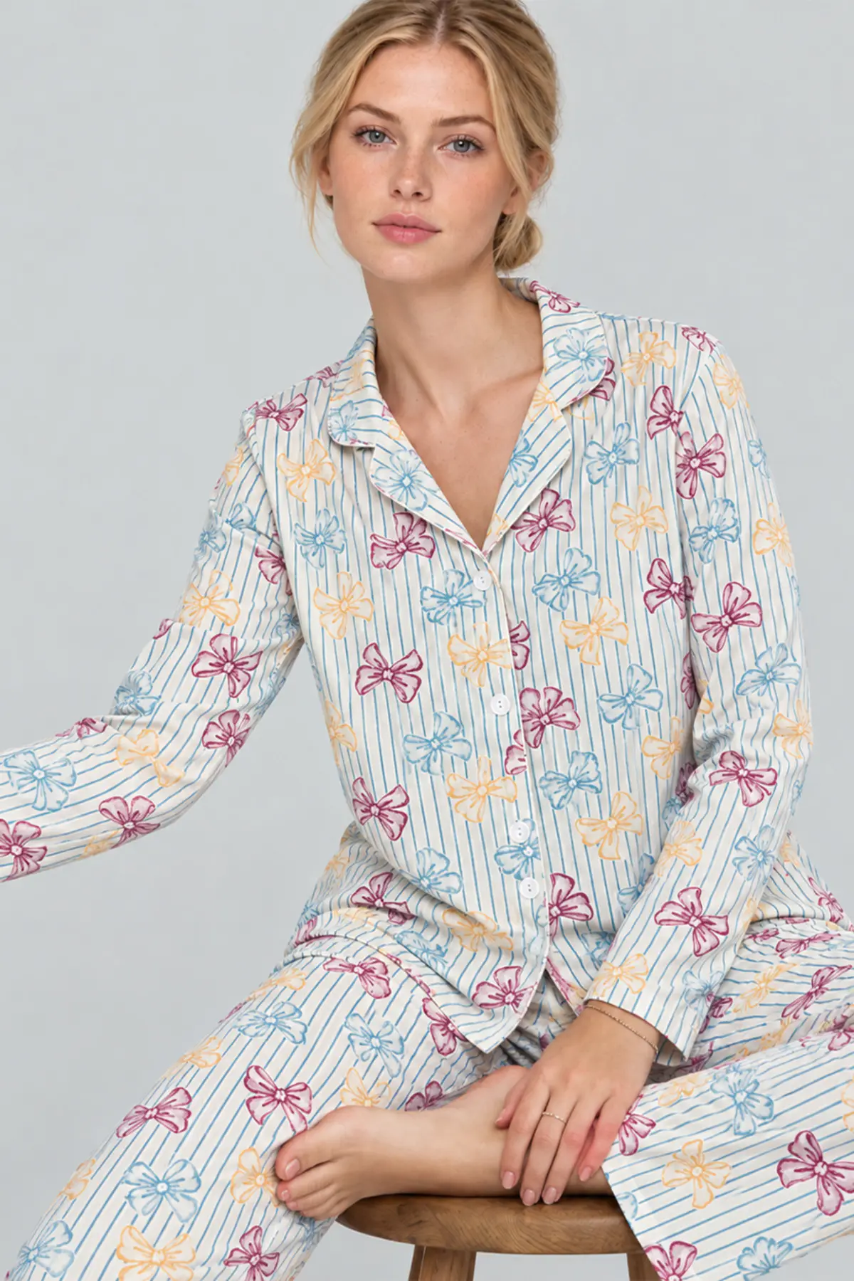 Kadın Kurdela Desenli Bol Renkli Pijama Takımı 4798 Çok Renkli