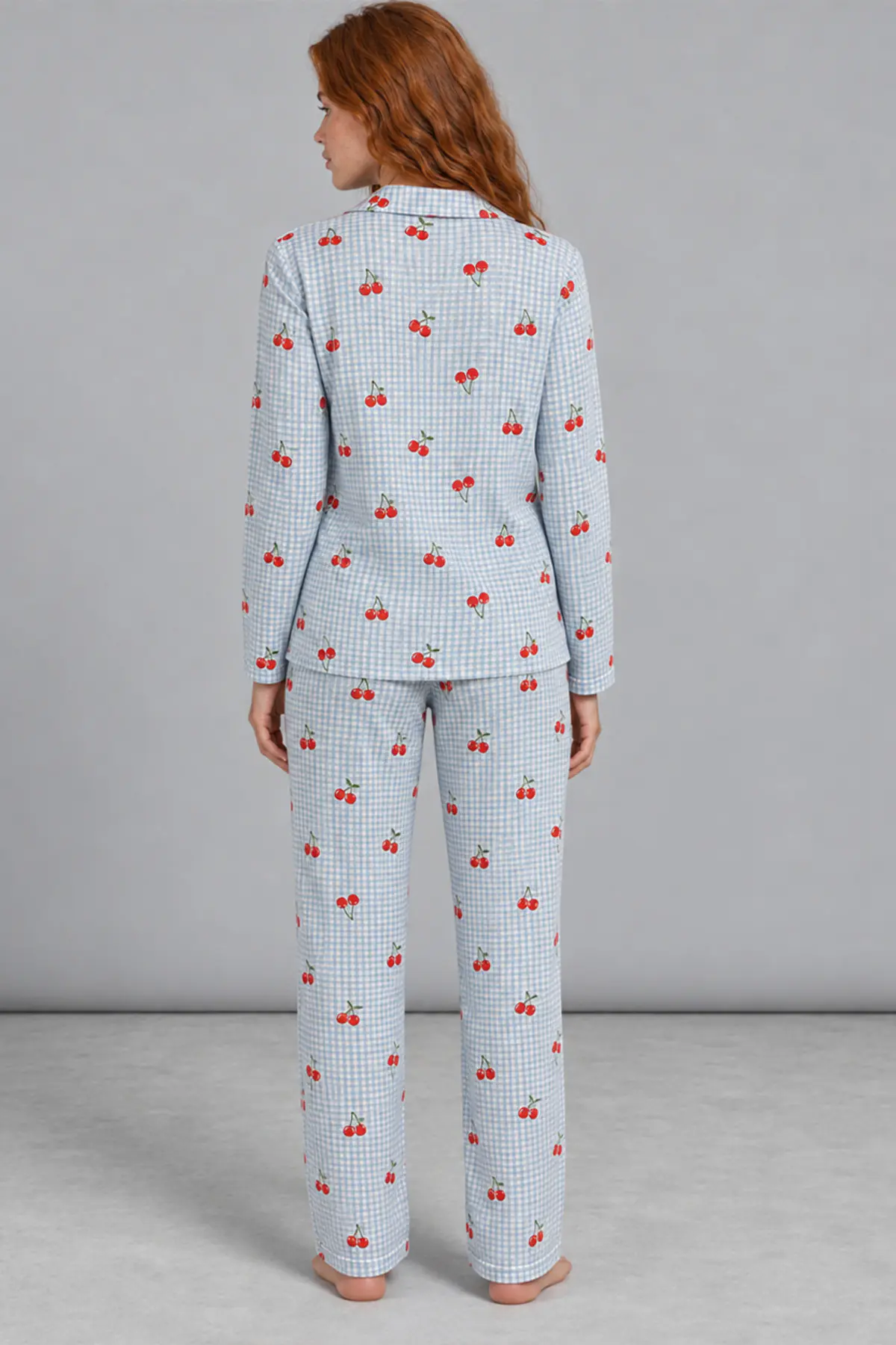 Kadın Kiraz Desenli Pötikare Mavi Pijama Takımı 4792