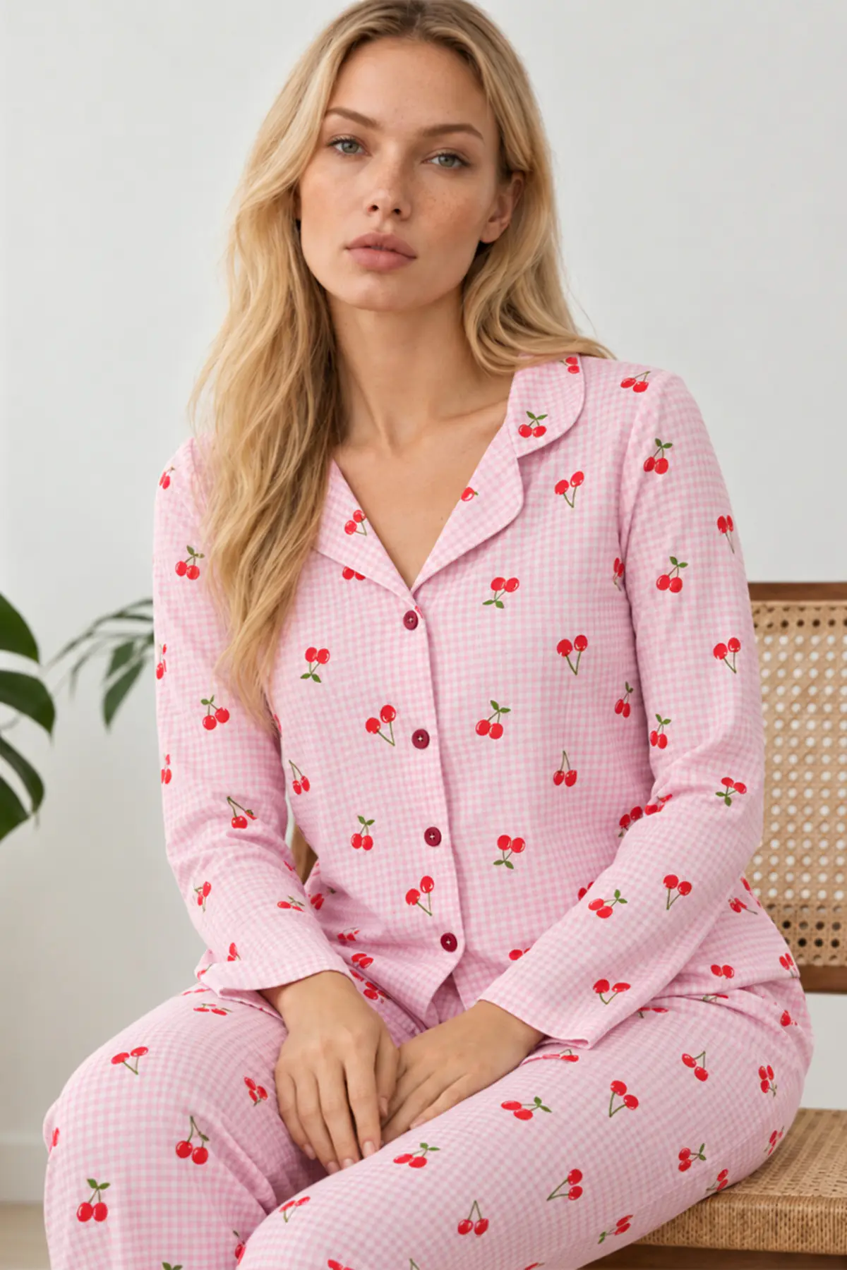 Kadın Kiraz Desenli Pötikare Pembe Pijama Takımı 4793