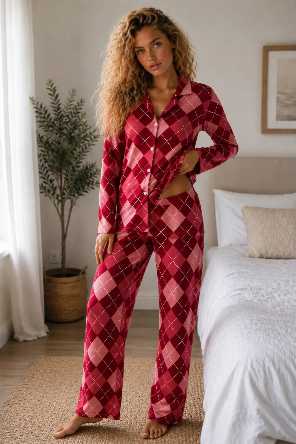 Kadın Örme Gömlek Yaka Kırmızı Pijama Takımı