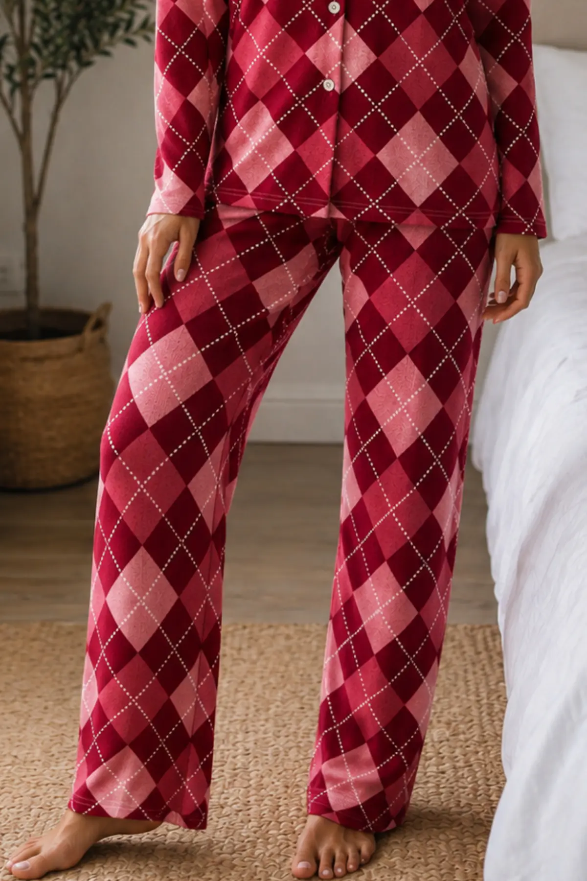 Kadın Örme Gömlek Yaka Kırmızı Pijama Takımı