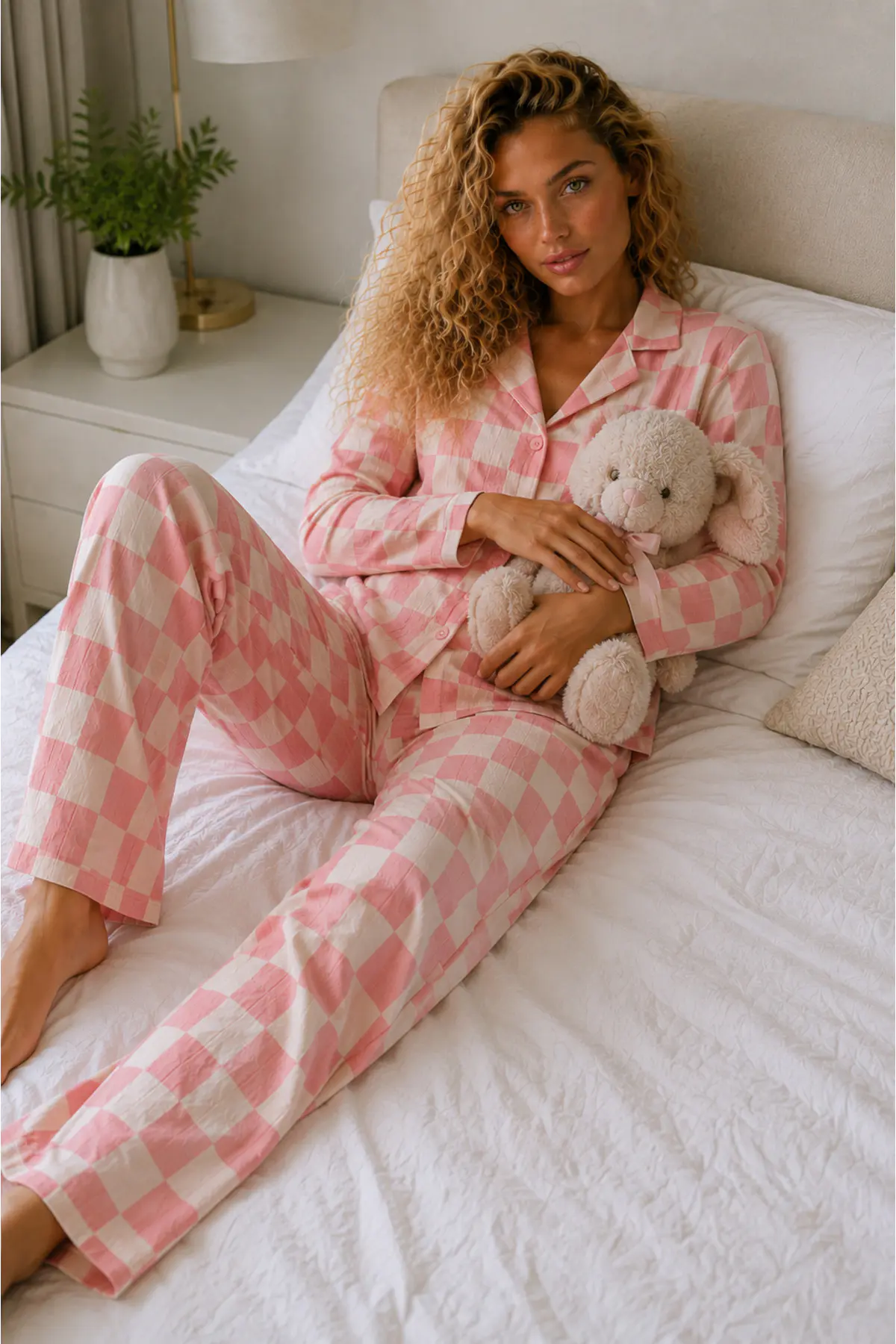 Kadın Örme Gömlek Yaka Pembe Pijama Takımı