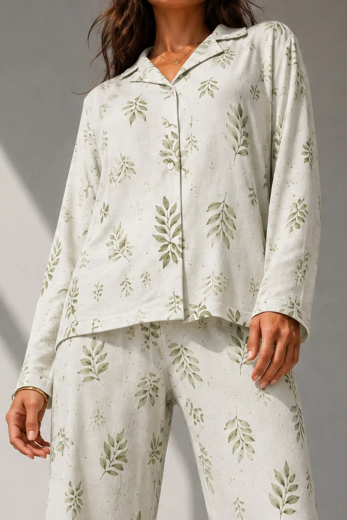 Kadın Uzun Kol Pamuklu Çağla Yeşili Pijama Takımı