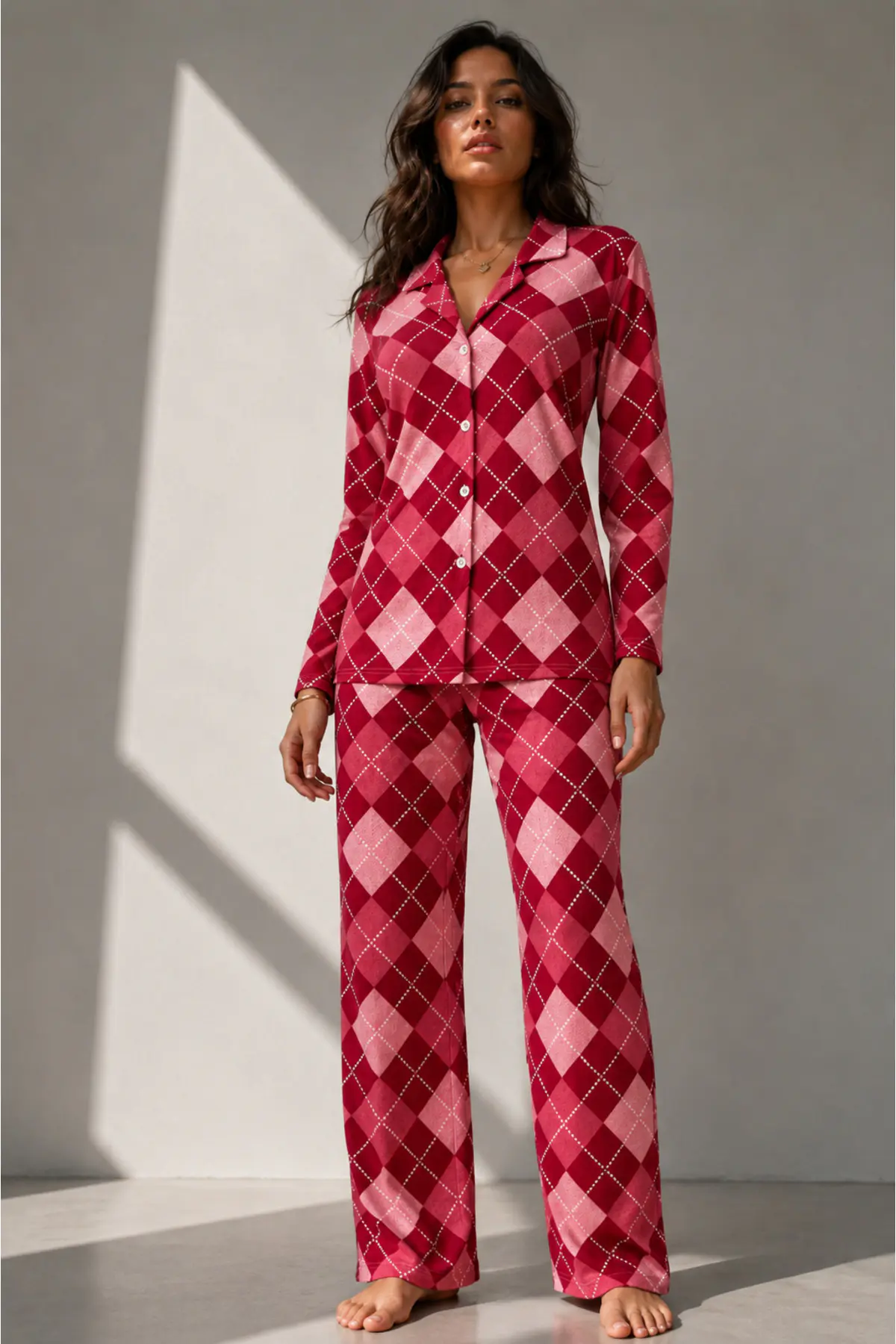 Kadın Uzun Kol Pamuklu Kırmızı Pijama Takımı