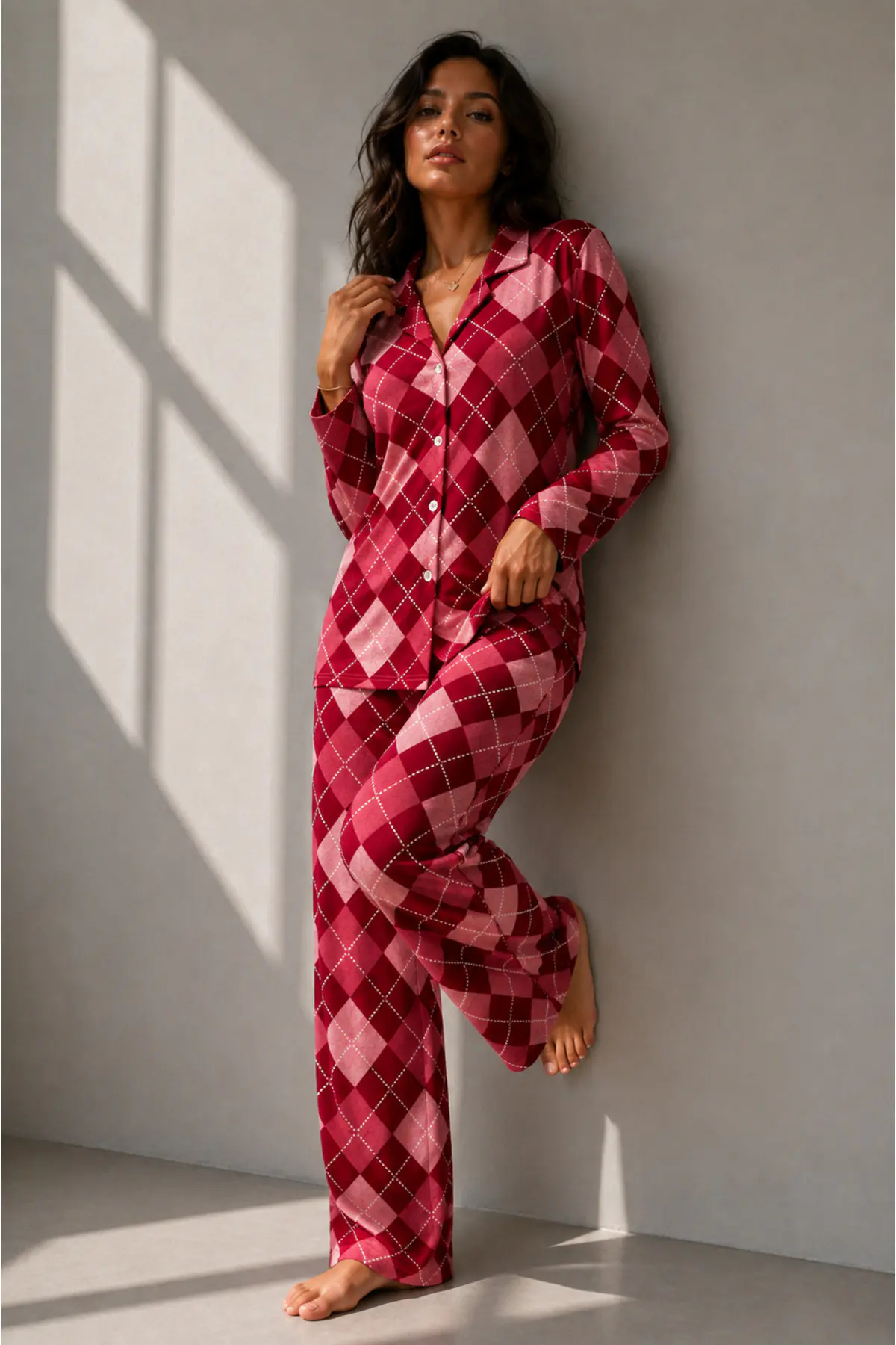 Kadın Uzun Kol Pamuklu Kırmızı Pijama Takımı