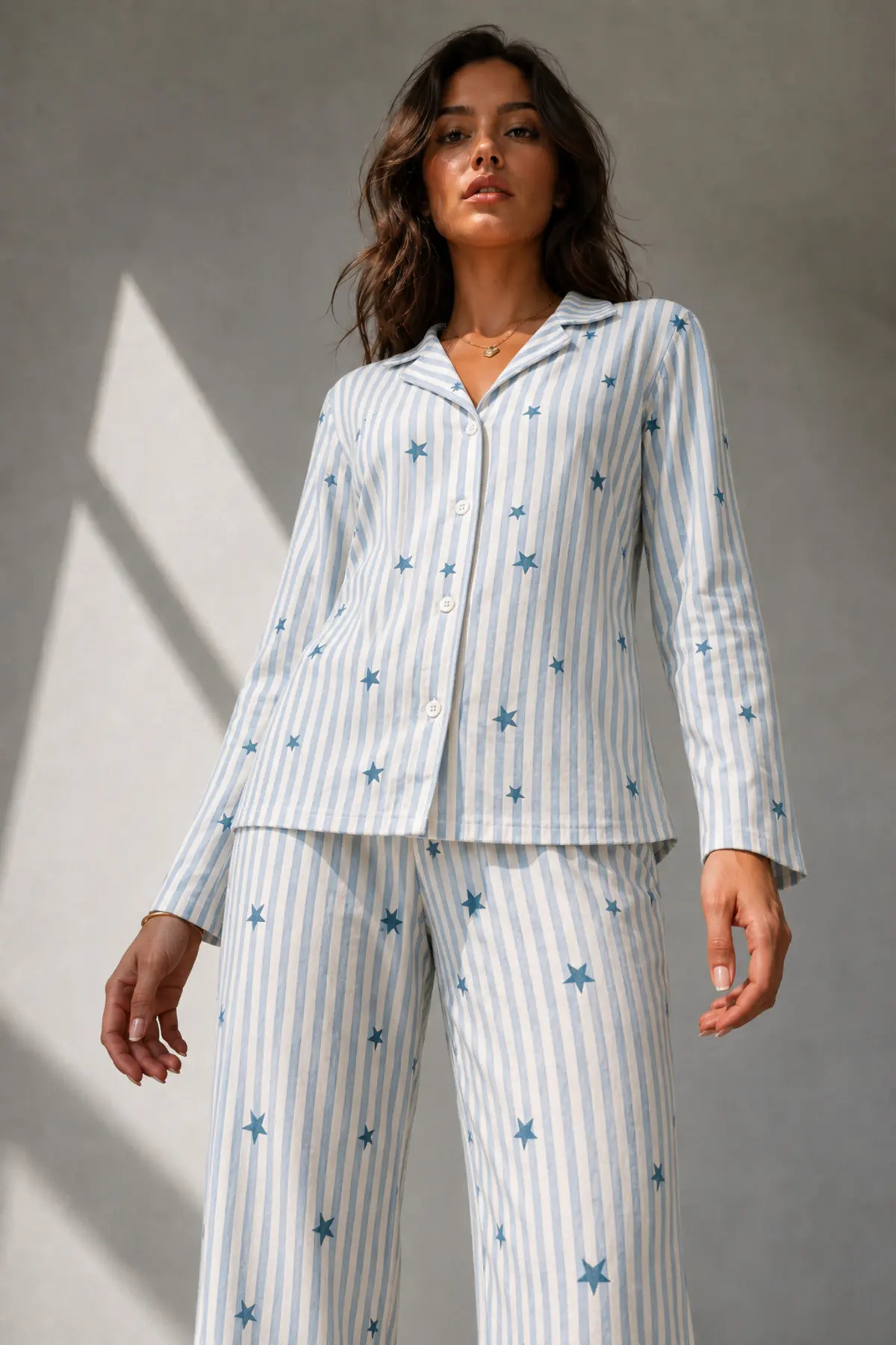 Kadın Uzun Kol Pamuklu Mavi Pijama Takımı