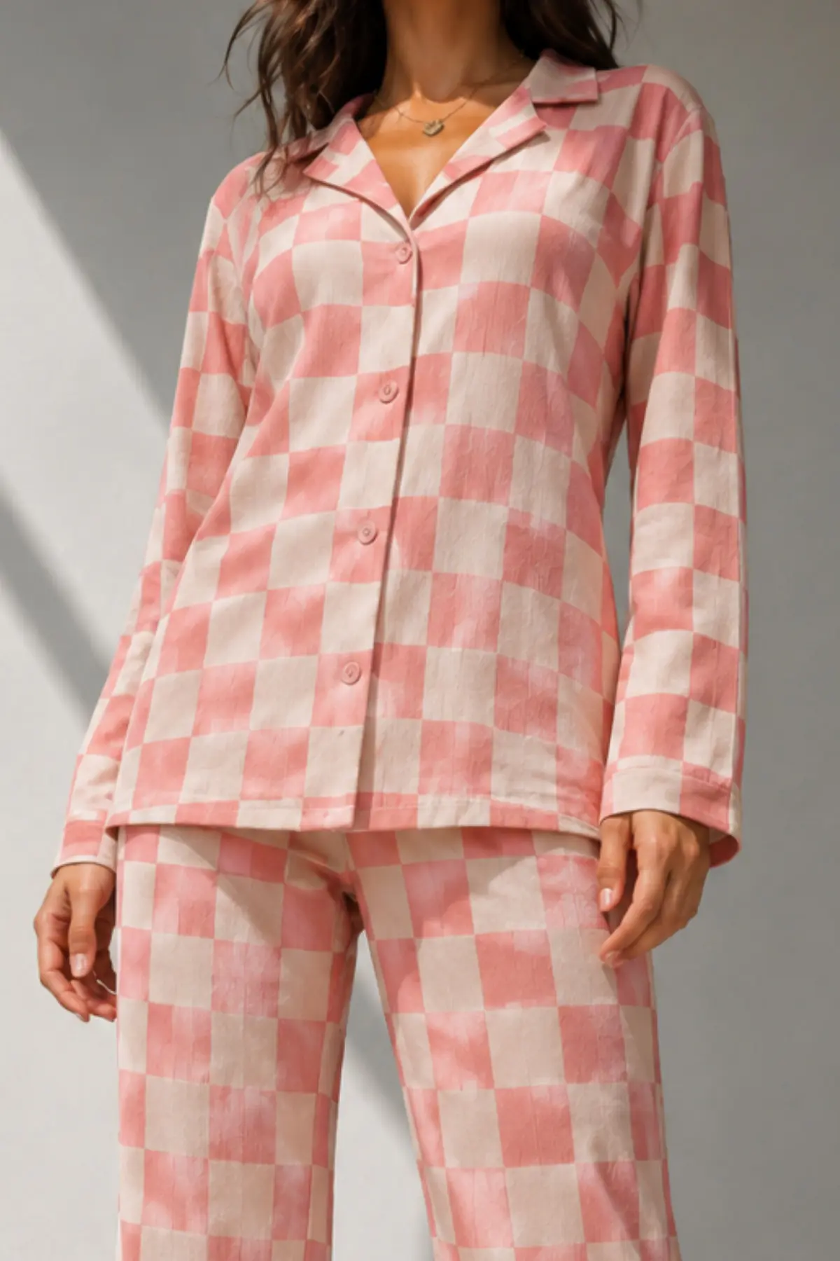 Kadın Uzun Kol Pamuklu Pembe Pijama Takımı