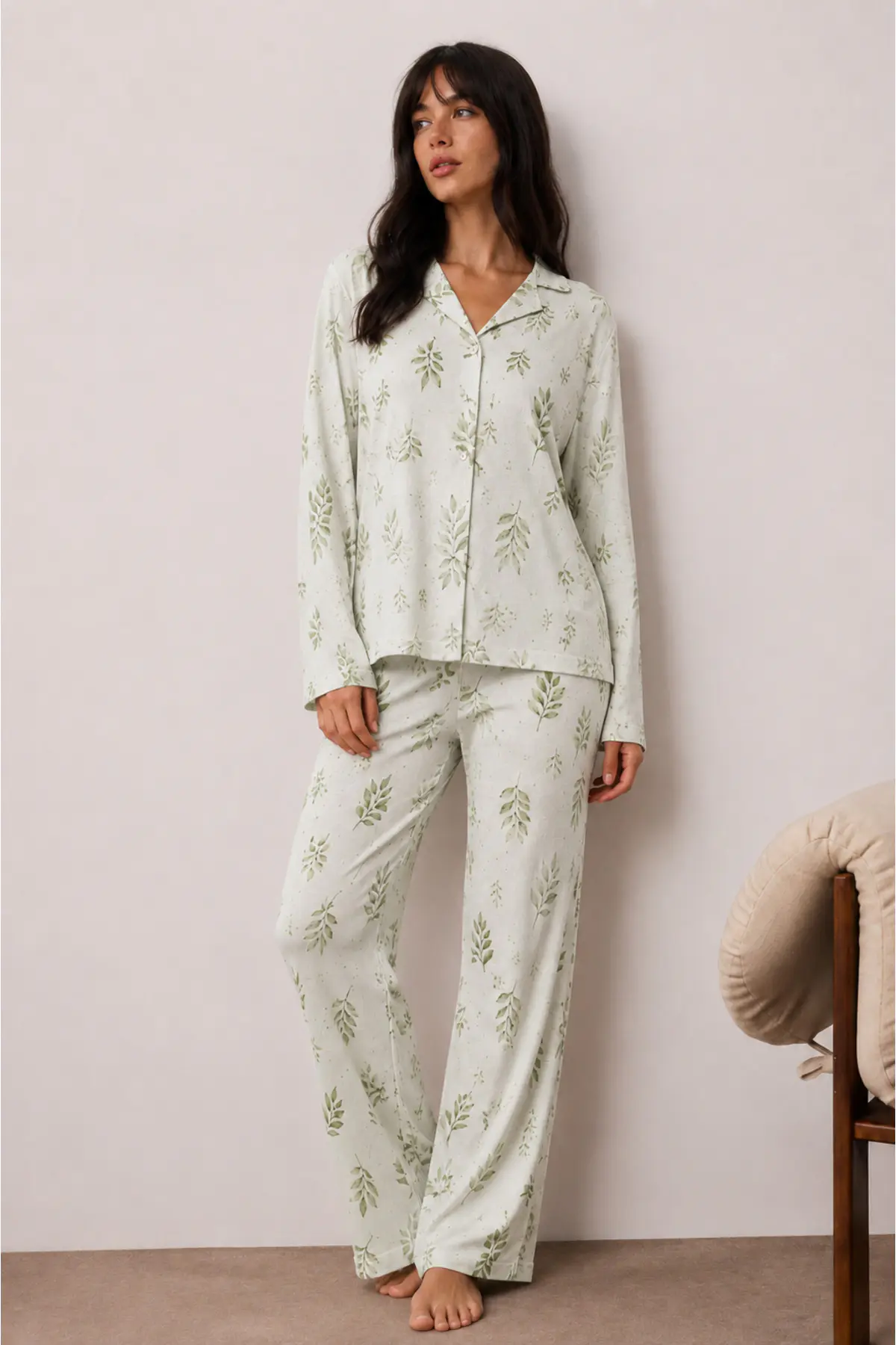 Kadın Düğmeli Kışlık Ev Çağla Yeşili Pijama Takımı