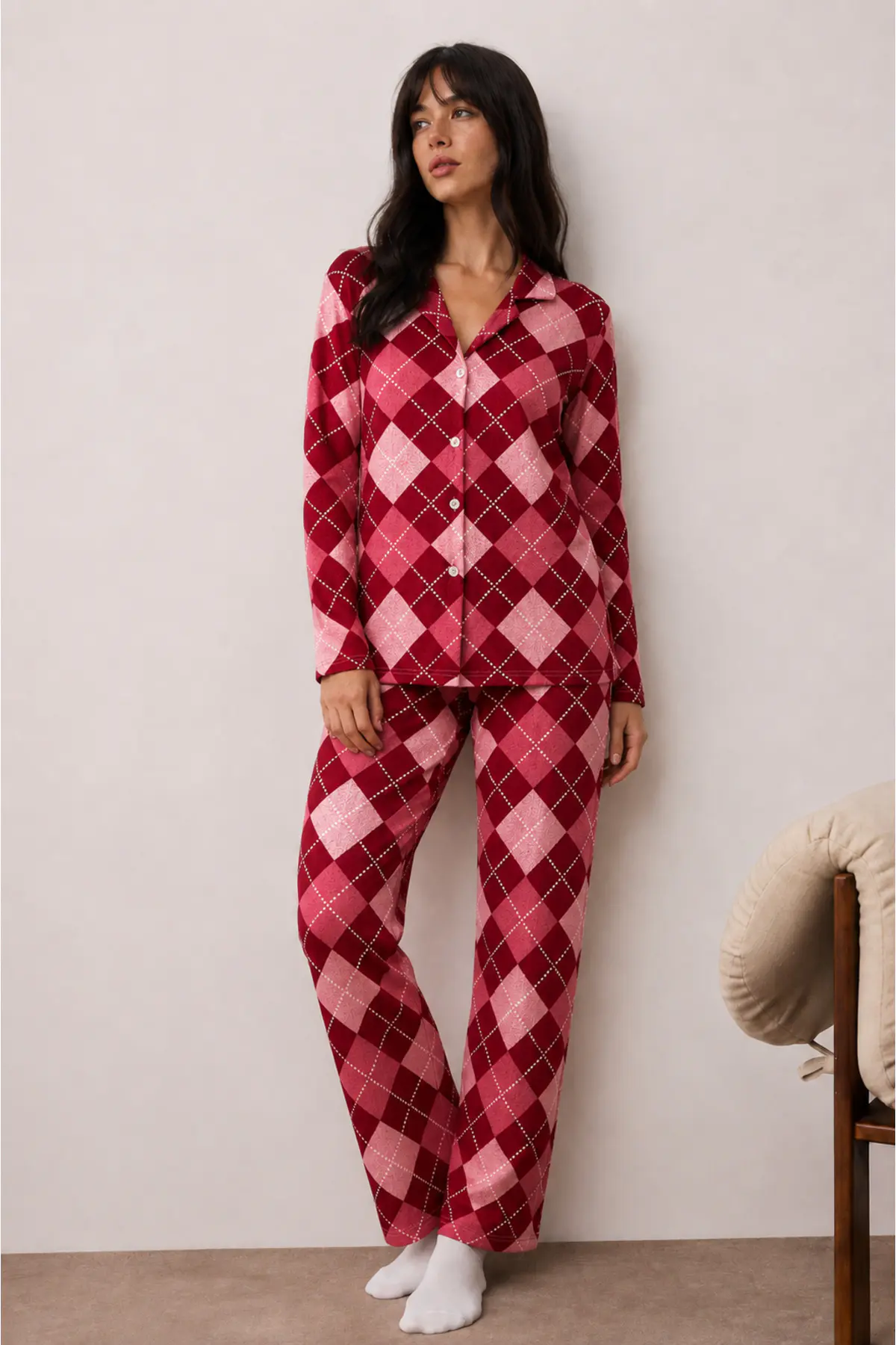 Kadın Düğmeli Kışlık Ev Kırmızı Pijama Takımı