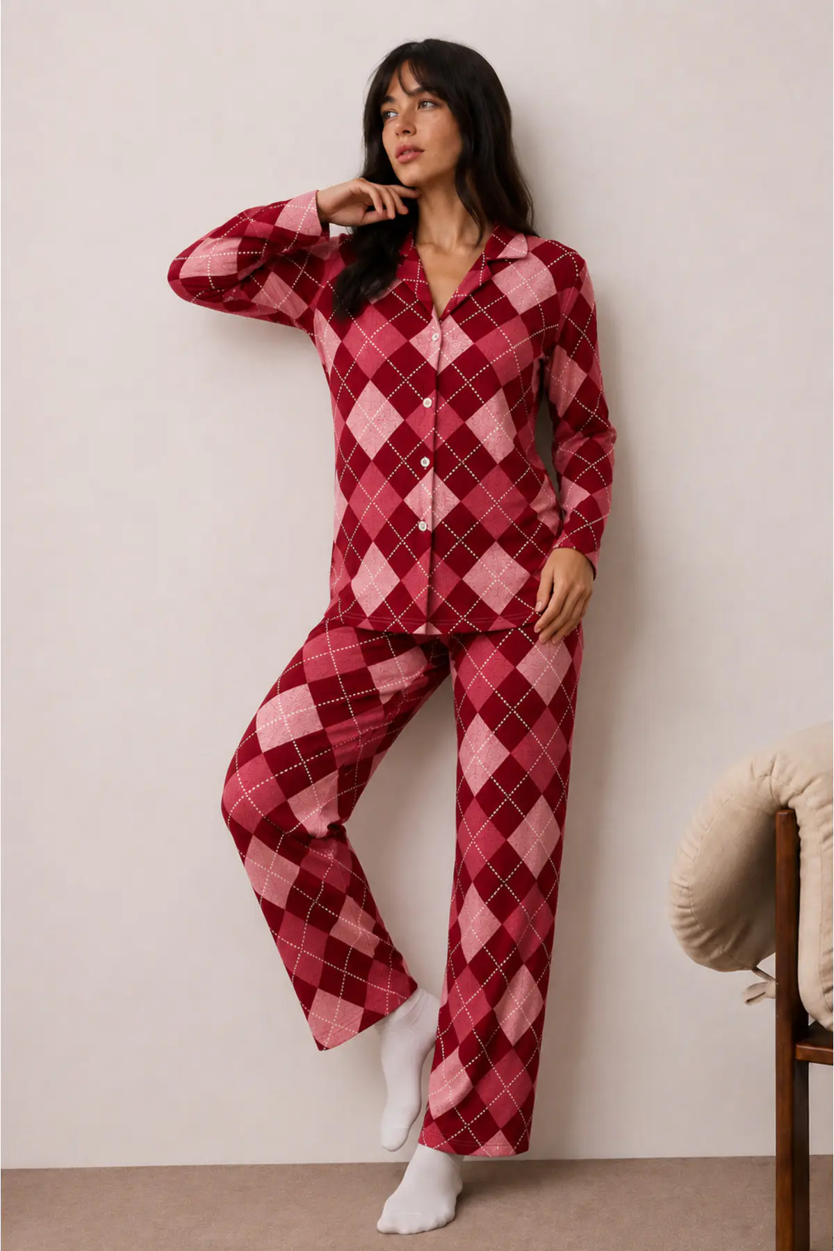 Kadın Düğmeli Kışlık Ev Kırmızı Pijama Takımı
