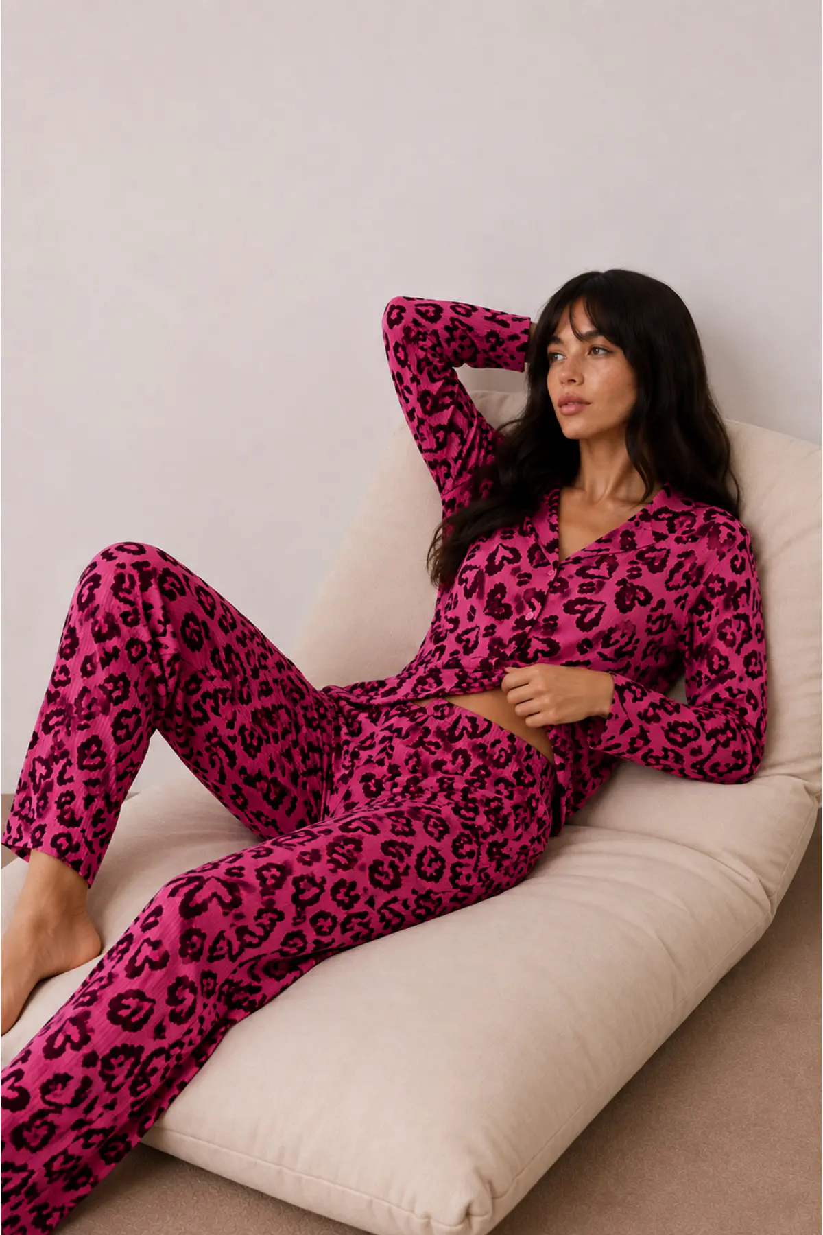 Kadın Düğmeli Kışlık Ev Lila Pijama Takımı