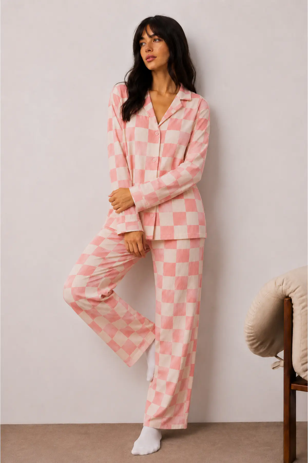 Kadın Düğmeli Kışlık Ev Pembe Pijama Takımı