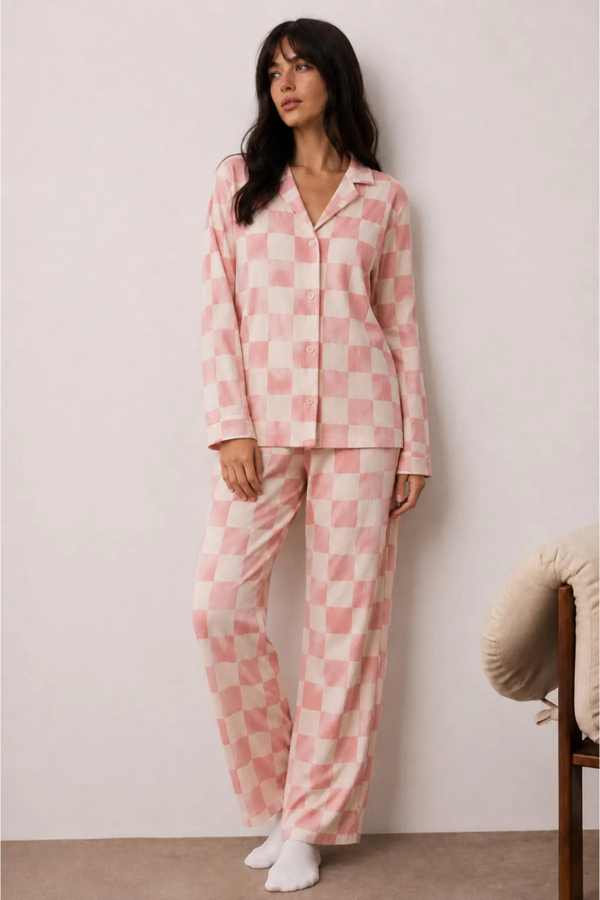 Kadın Düğmeli Kışlık Ev Pembe Pijama Takımı