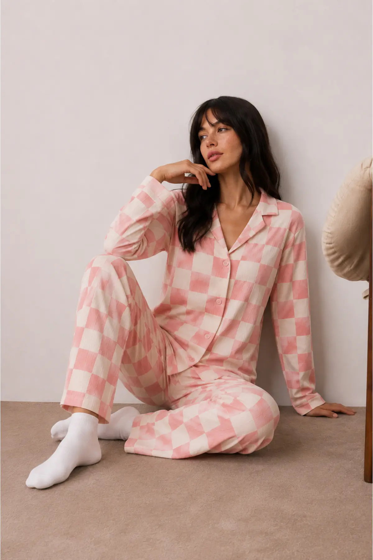 Kadın Düğmeli Kışlık Ev Pembe Pijama Takımı