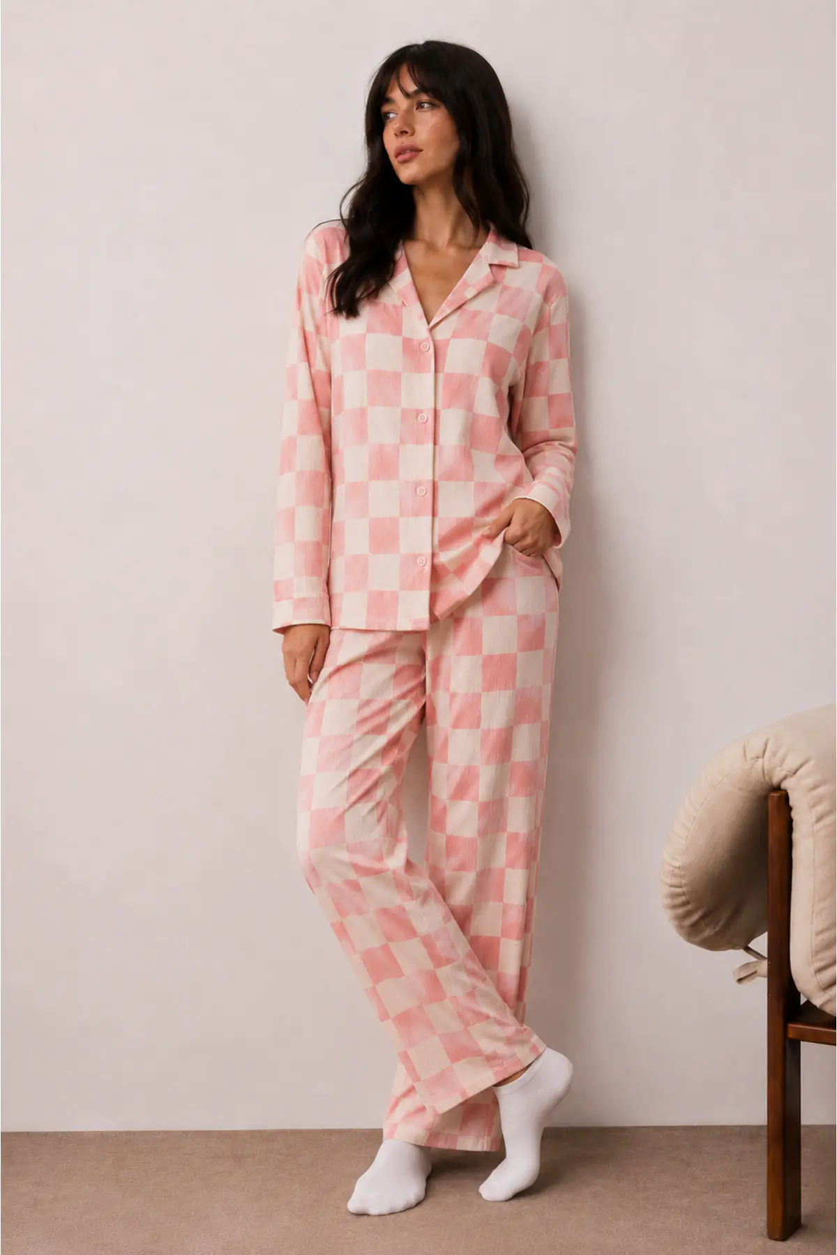 Kadın Düğmeli Kışlık Ev Pembe Pijama Takımı