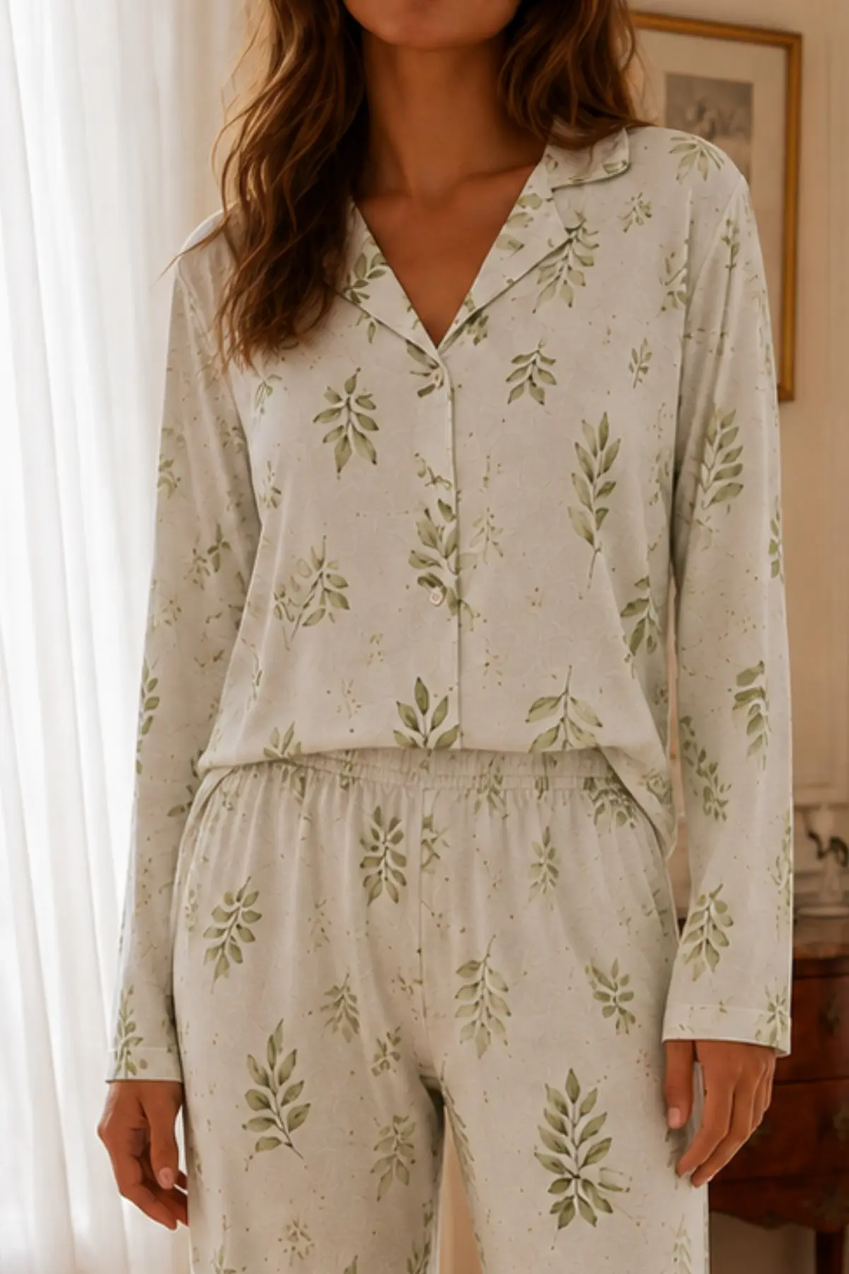 Kadın Relax Fit Düğme Çağla Yeşili Pijama Takımı