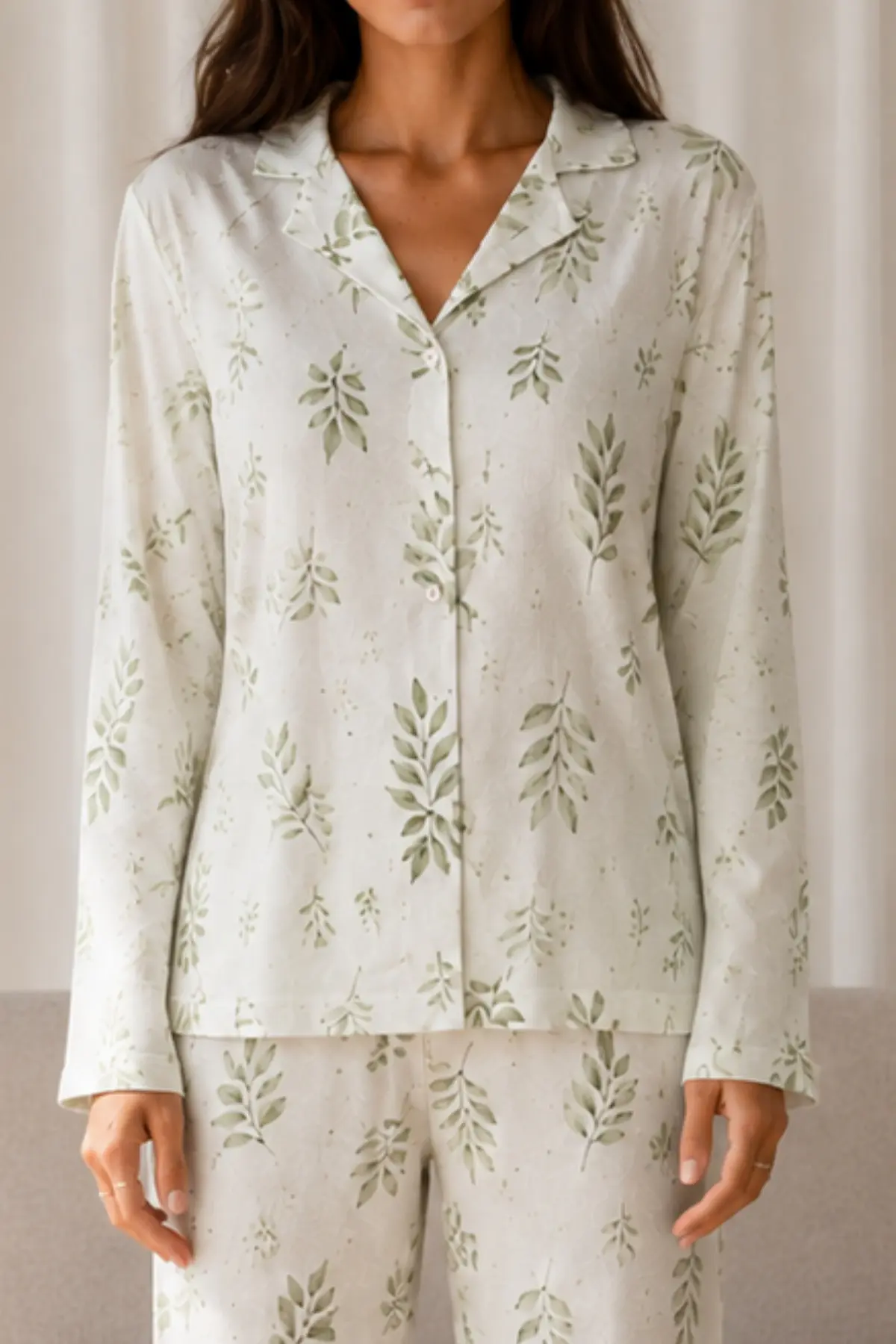 Kadın Desenli Basic Kış Çağla Yeşili Pijama Takımı