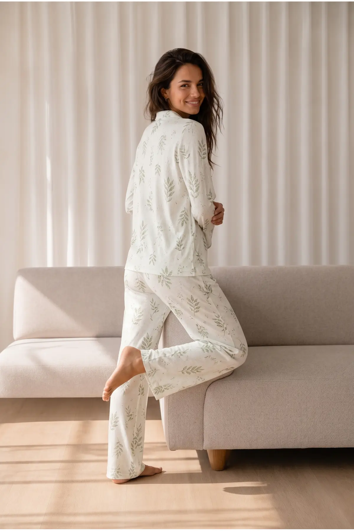 Kadın Desenli Basic Kış Çağla Yeşili Pijama Takımı