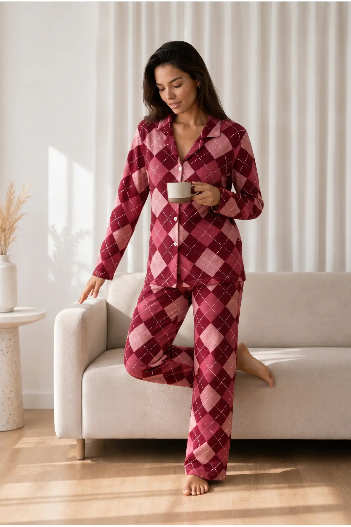Kadın Desenli Basic Kış Kırmızı Pijama Takımı