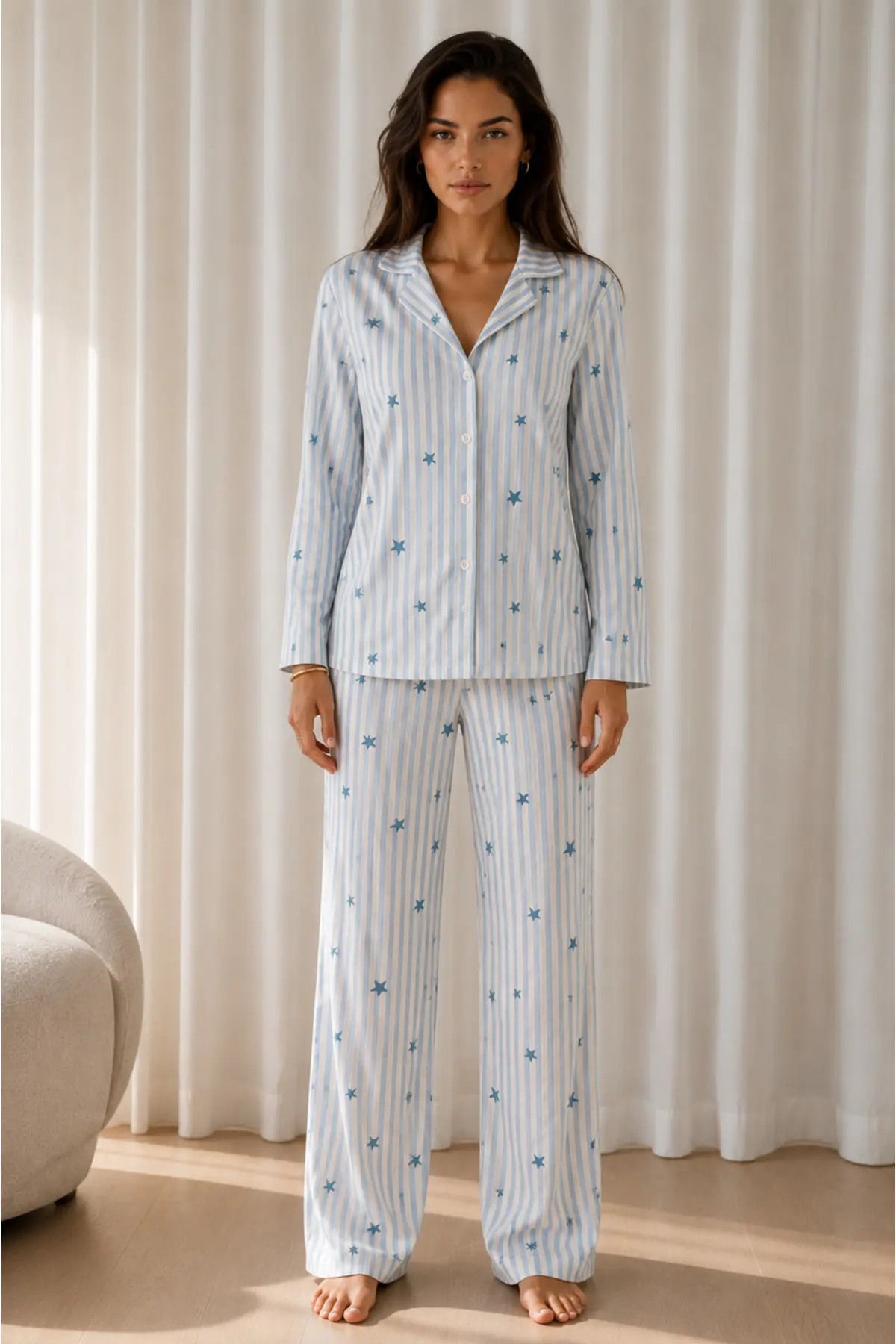 Kadın Desenli Basic Kış Mavi Pijama Takımı