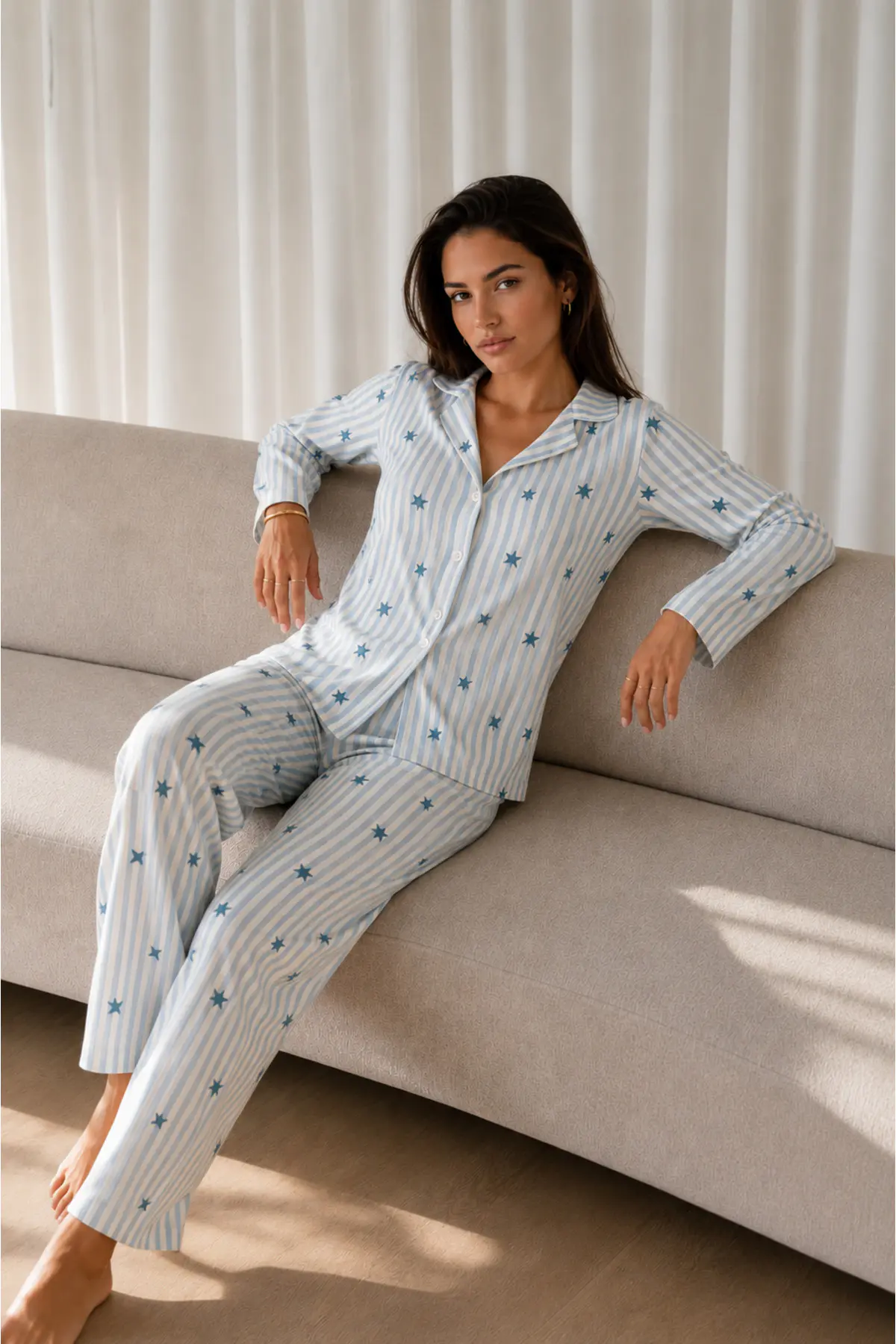 Kadın Desenli Basic Kış Mavi Pijama Takımı