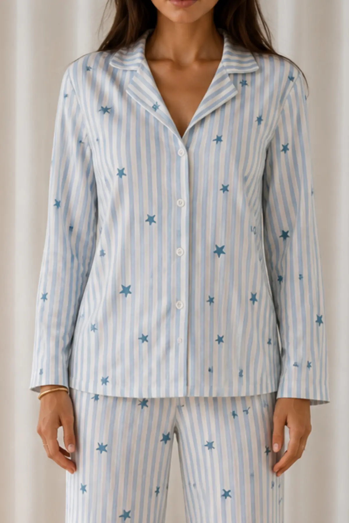 Kadın Desenli Basic Kış Mavi Pijama Takımı