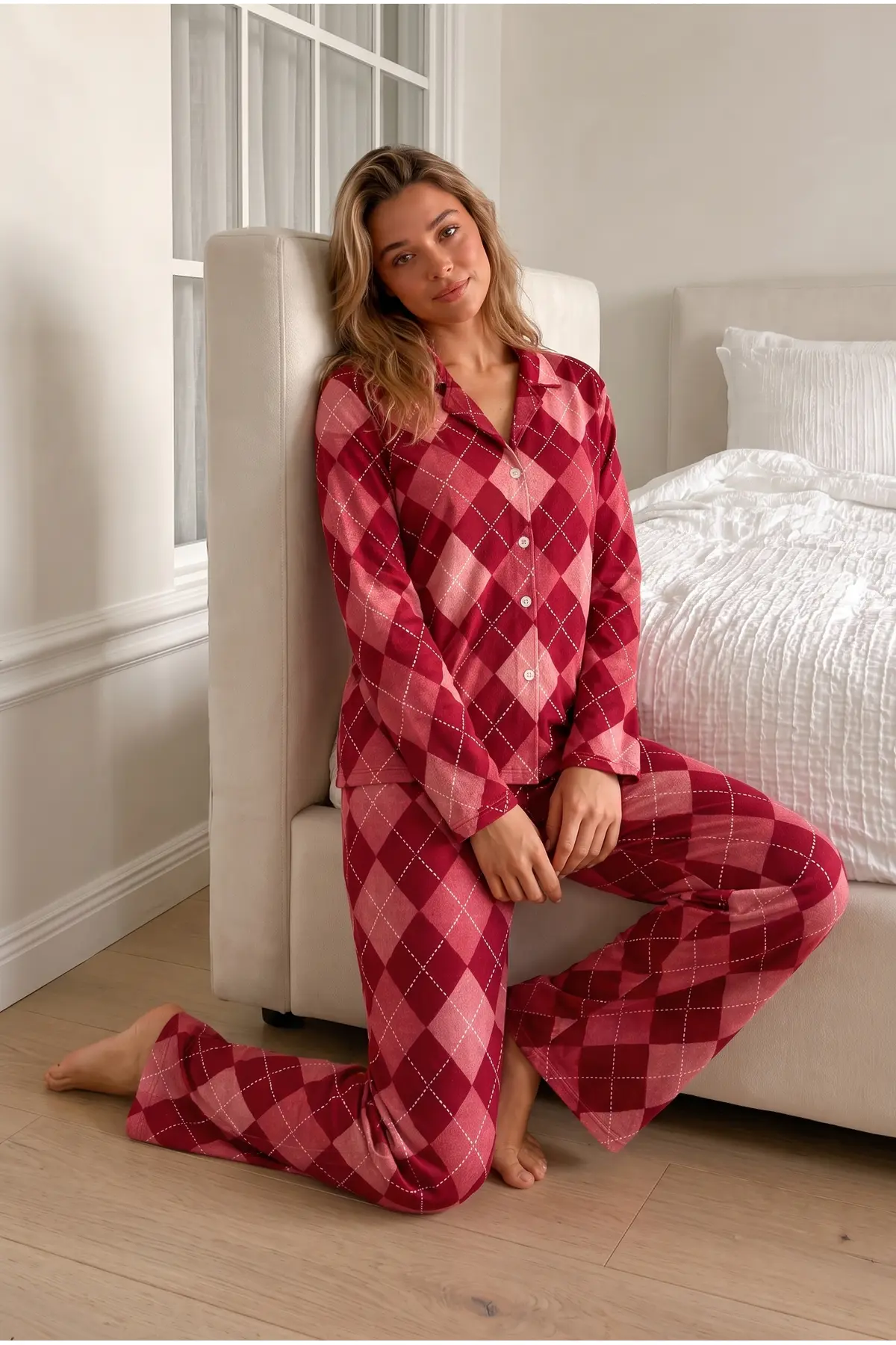 Kadın Bürümcük Tam Boy Kırmızı Pijama Takımı