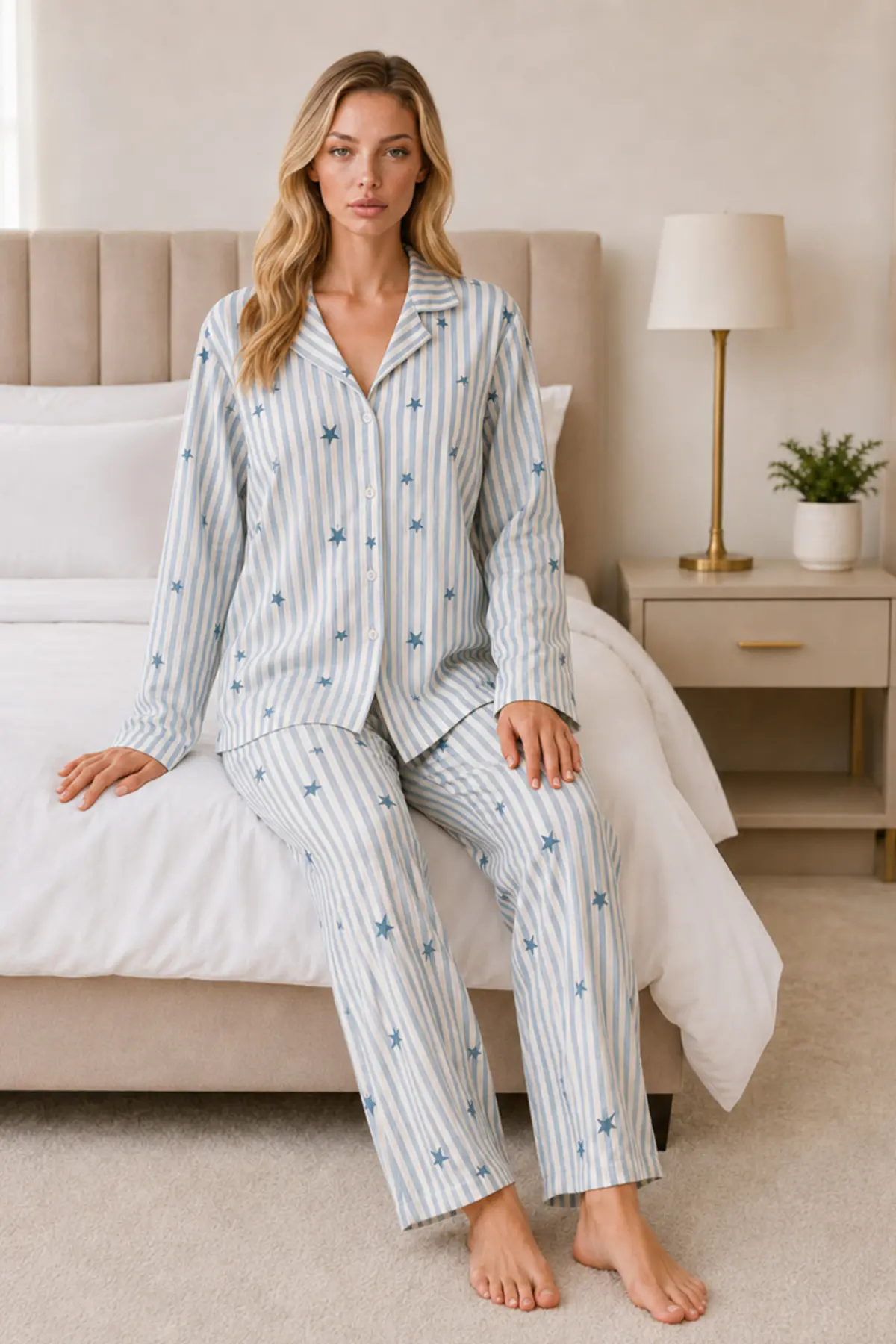 Kadın Casual Esnek Bol Mavi Pijama Takımı 4671