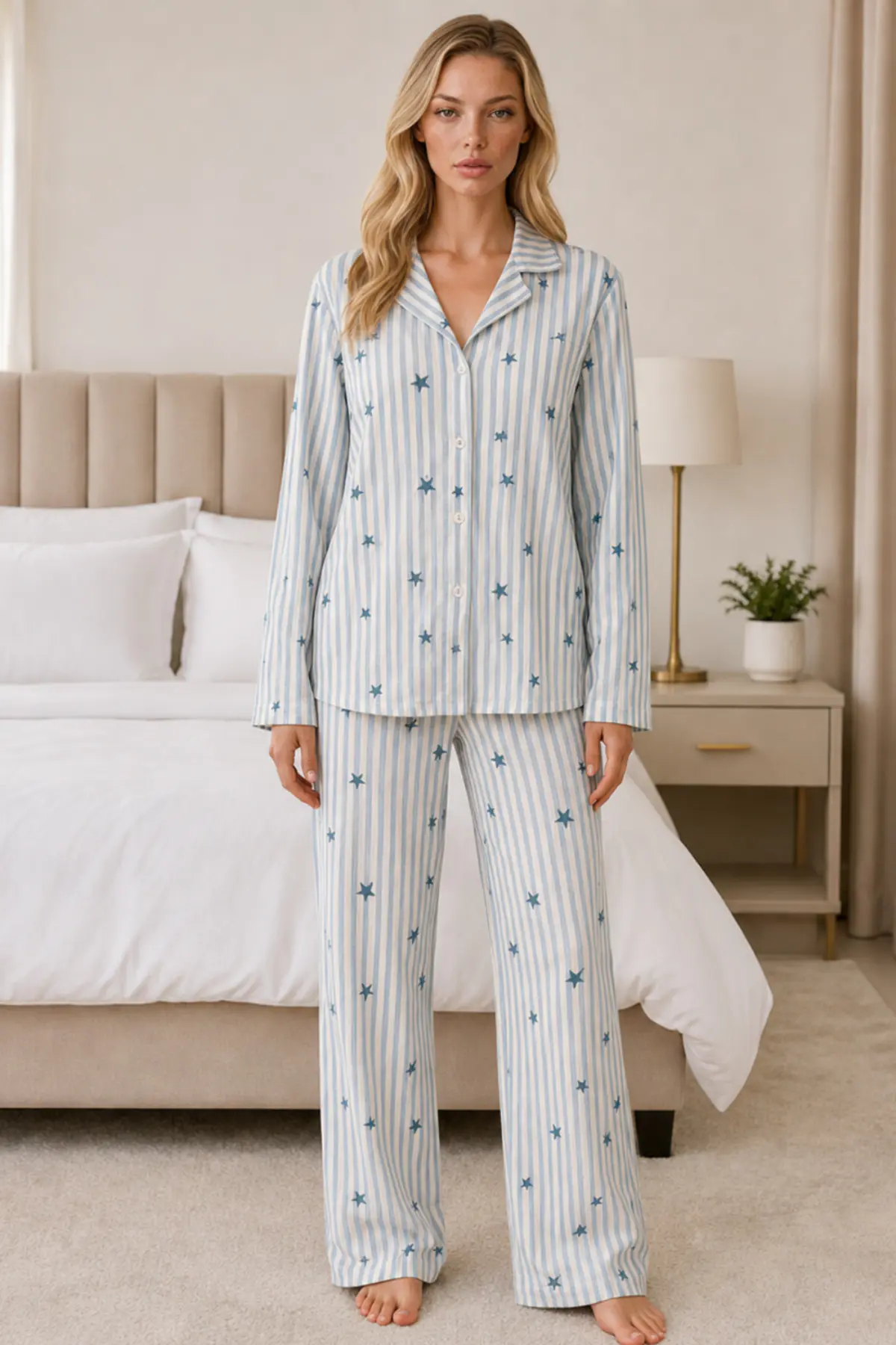 Kadın Casual Esnek Bol Mavi Pijama Takımı 4671