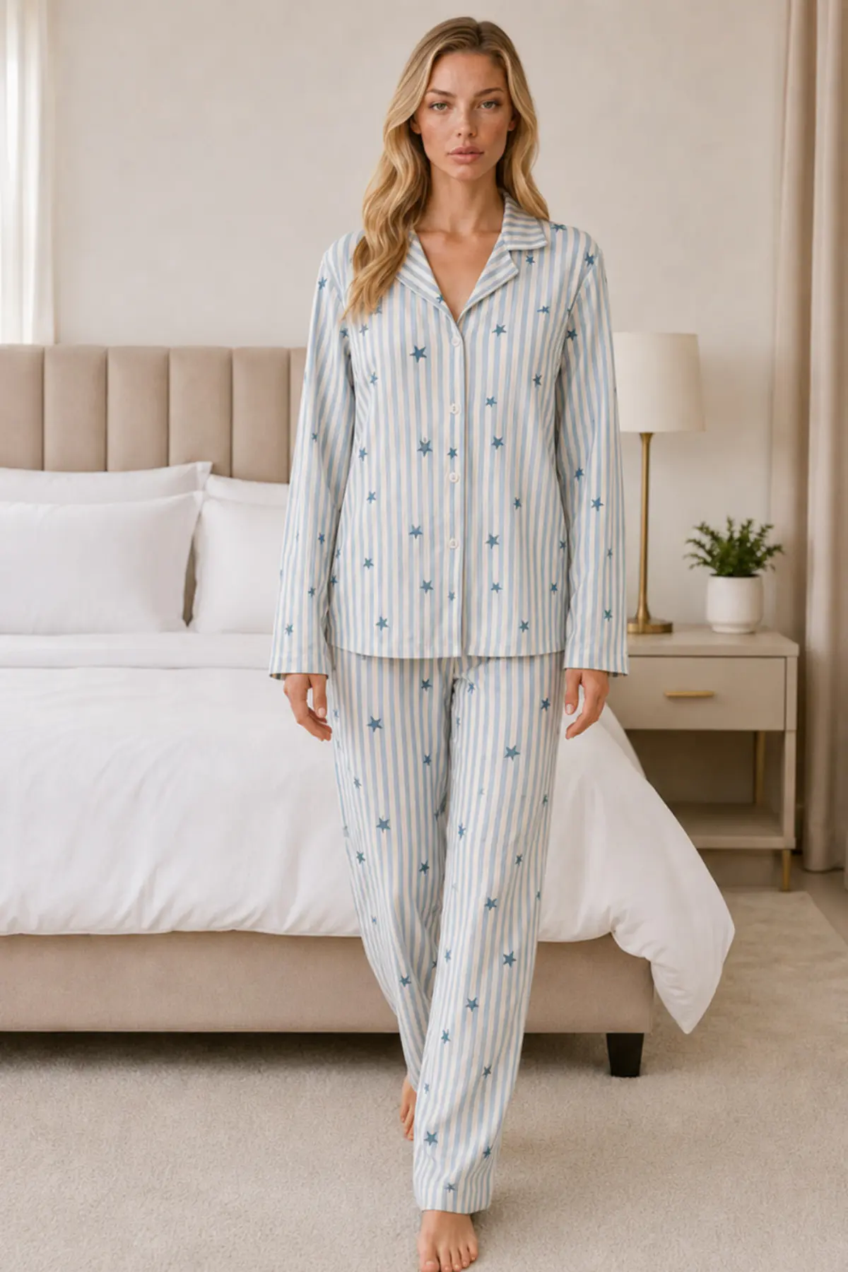 Kadın Casual Esnek Bol Mavi Pijama Takımı 4671