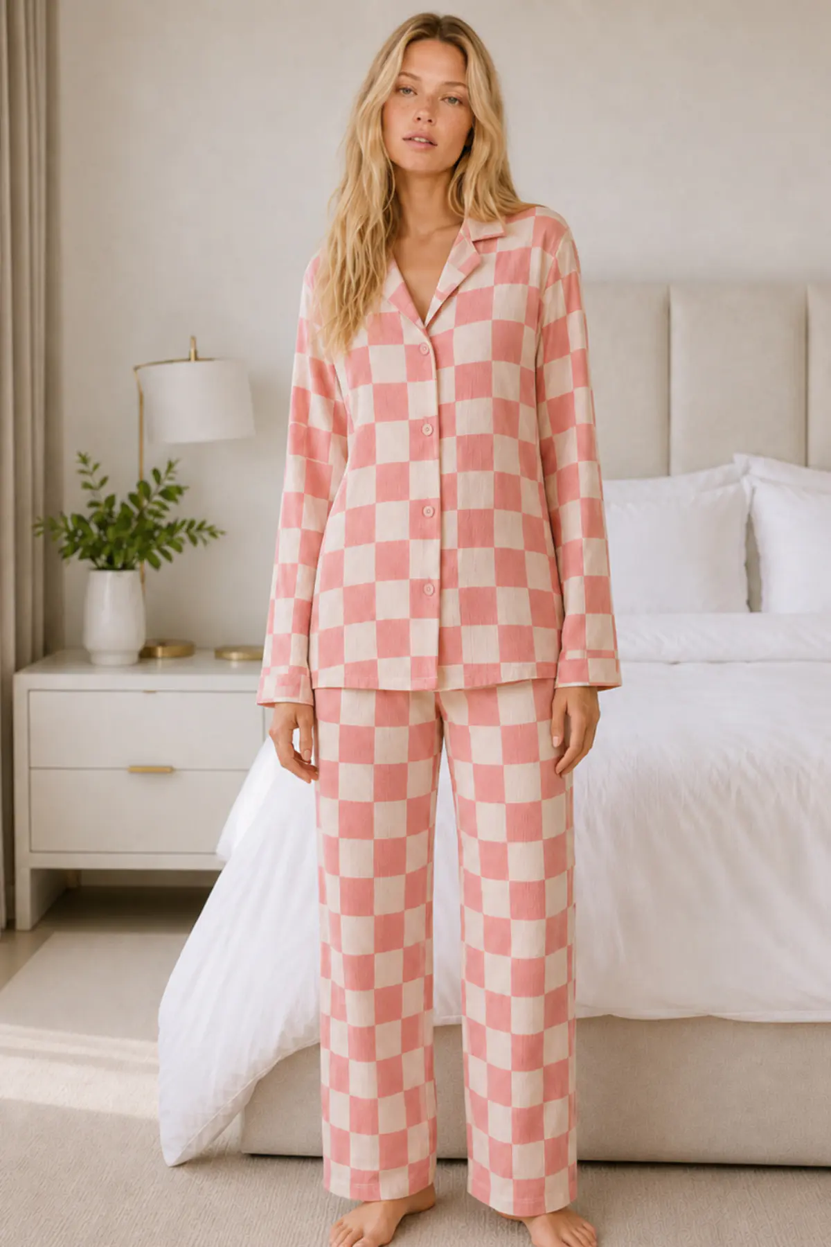 Kadın Casual Esnek Bol Pembe Pijama Takımı 4670
