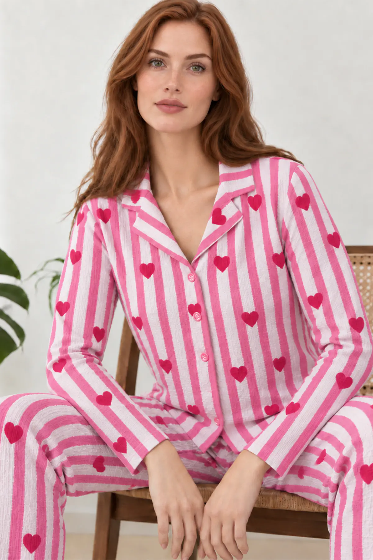 Kadın Uzun Kollu Gömlek Yaka Pembe Çizgili Kalpli Pijama Takımı 4770