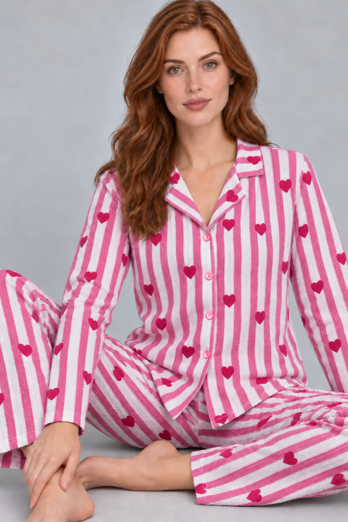 Kadın Uzun Kollu Gömlek Yaka Pembe Çizgili Kalpli Pijama Takımı 4770