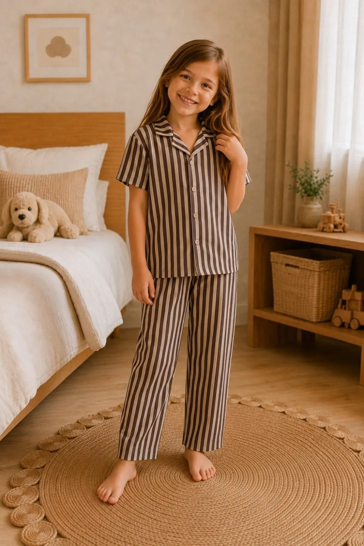 Kız Çocuk Çizgili Gecelik Kahve Pijama Takımı