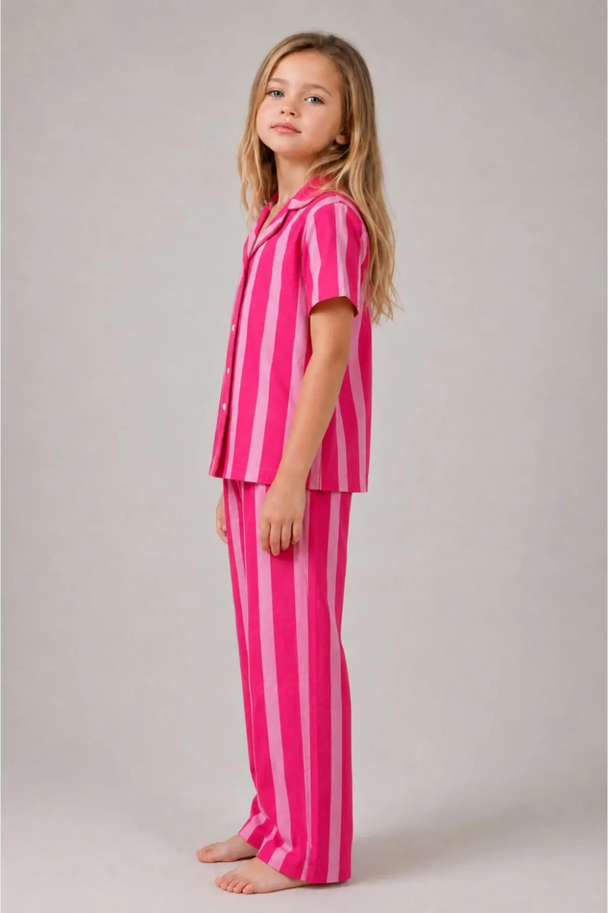 Kız Çocuk Çizgili Gecelik Pembe Pijama Takımı