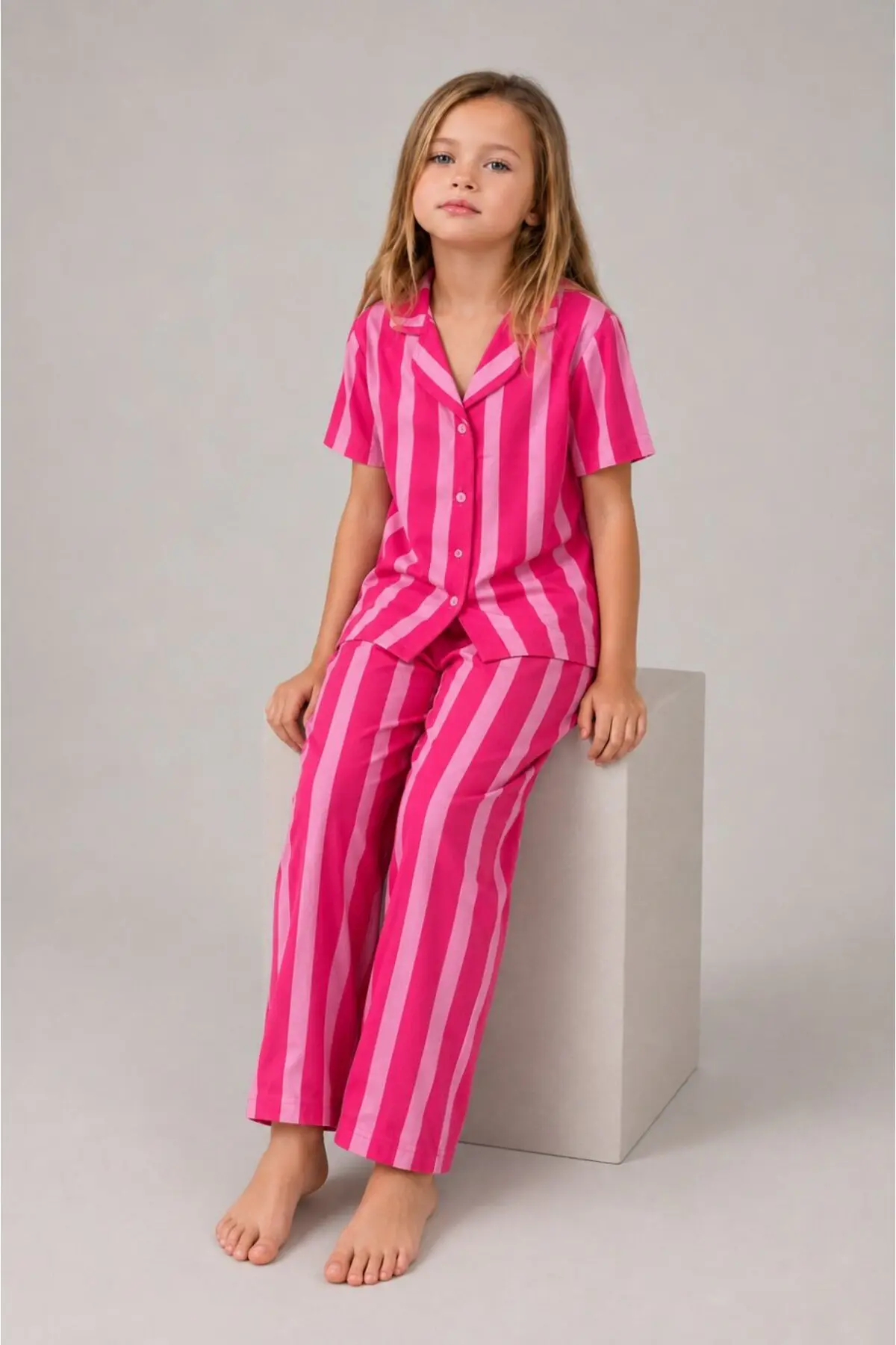 Kız Çocuk Çizgili Gecelik Pembe Pijama Takımı