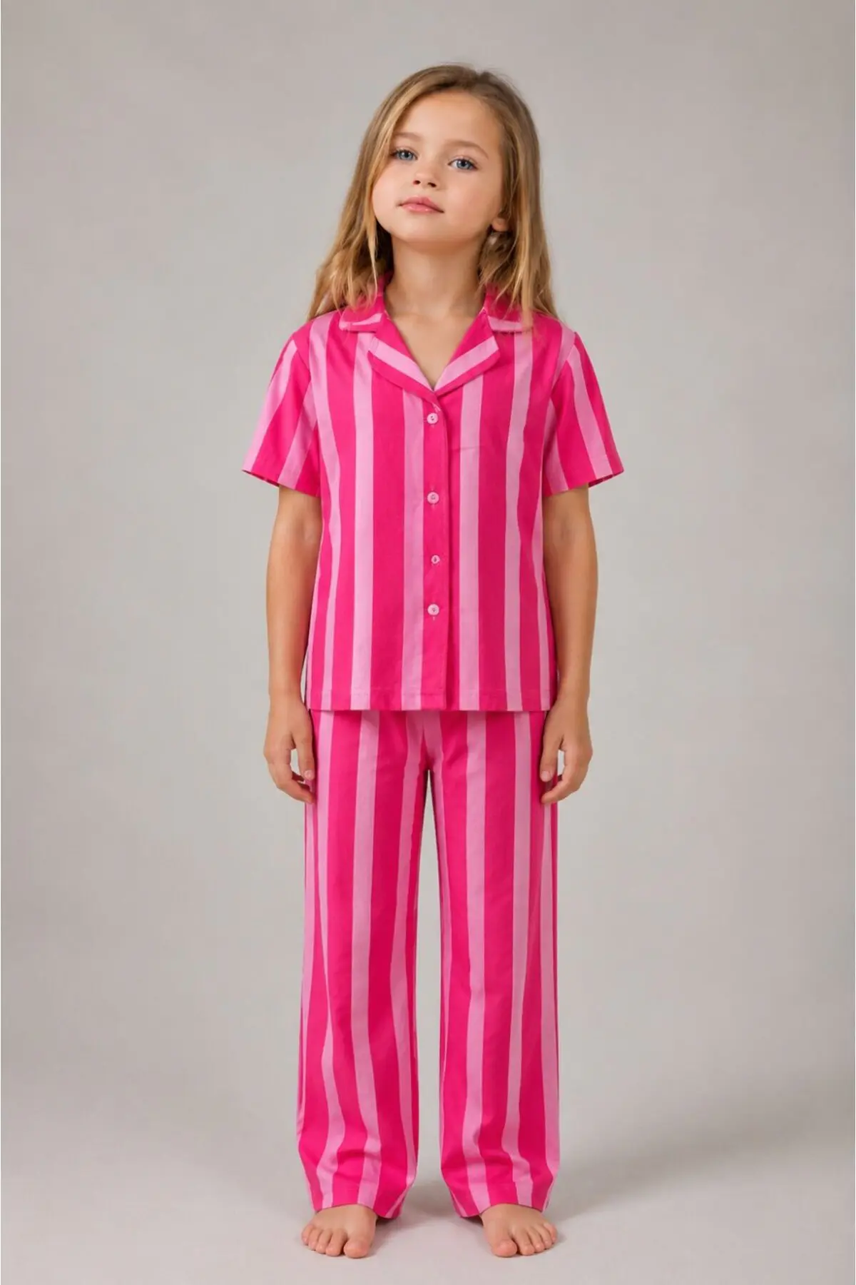 Kız Çocuk Çizgili Gecelik Pembe Pijama Takımı