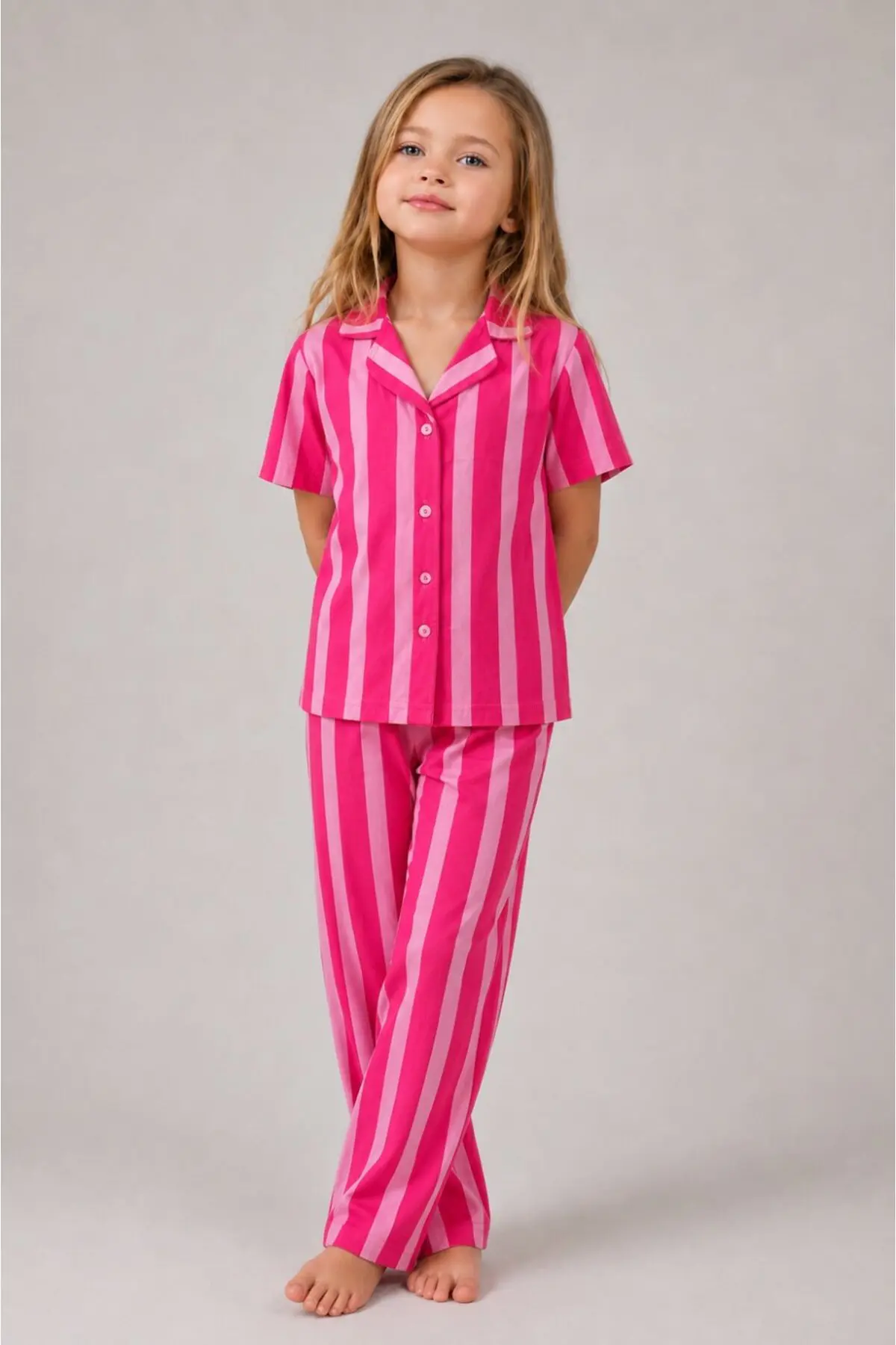 Kız Çocuk Çizgili Gecelik Pembe Pijama Takımı